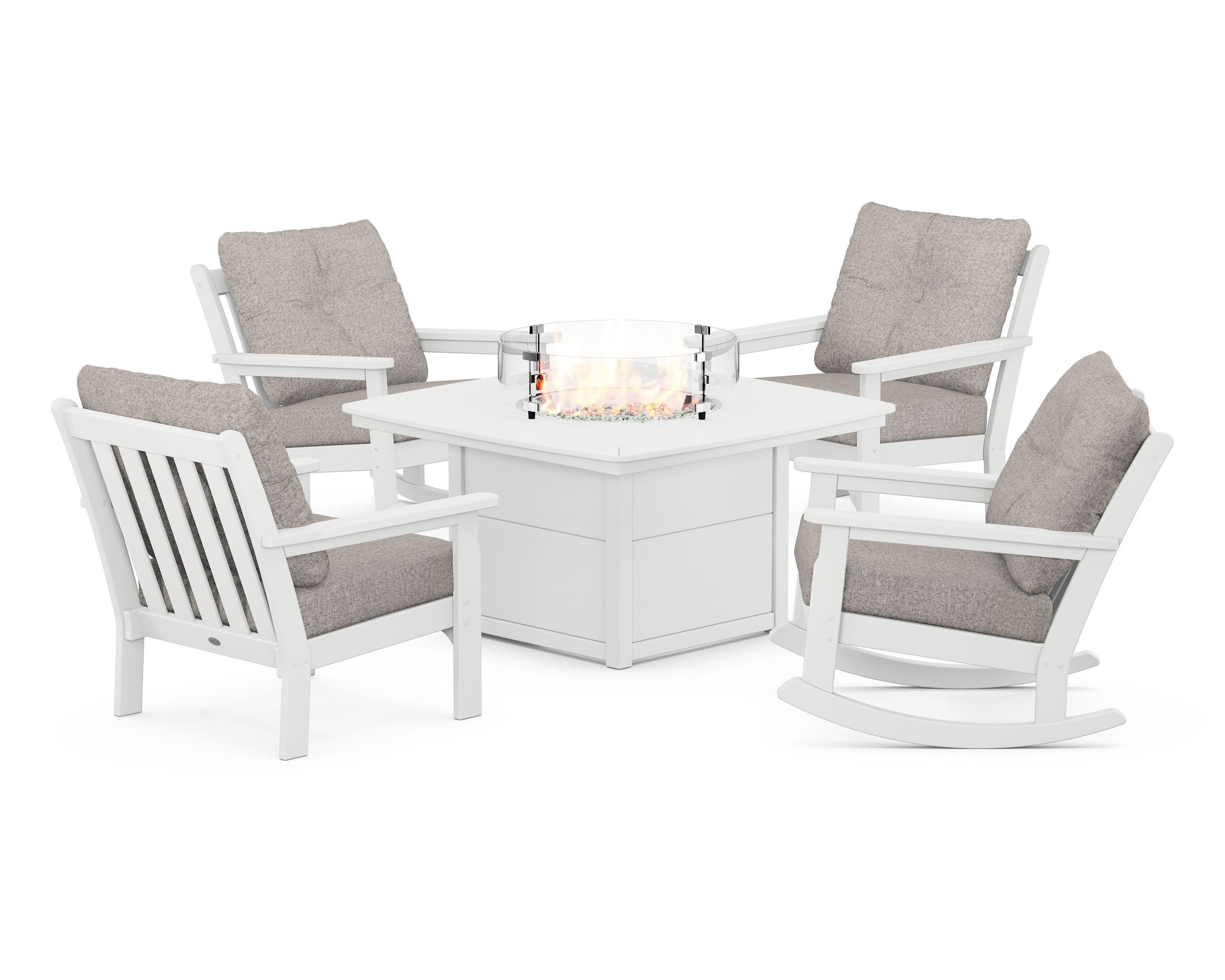 POLYWOOD® Vineyard 5-Piece Deep Seating Rocking Chair Conversation Set with Fire Pit Table in White / Weathered Tweed