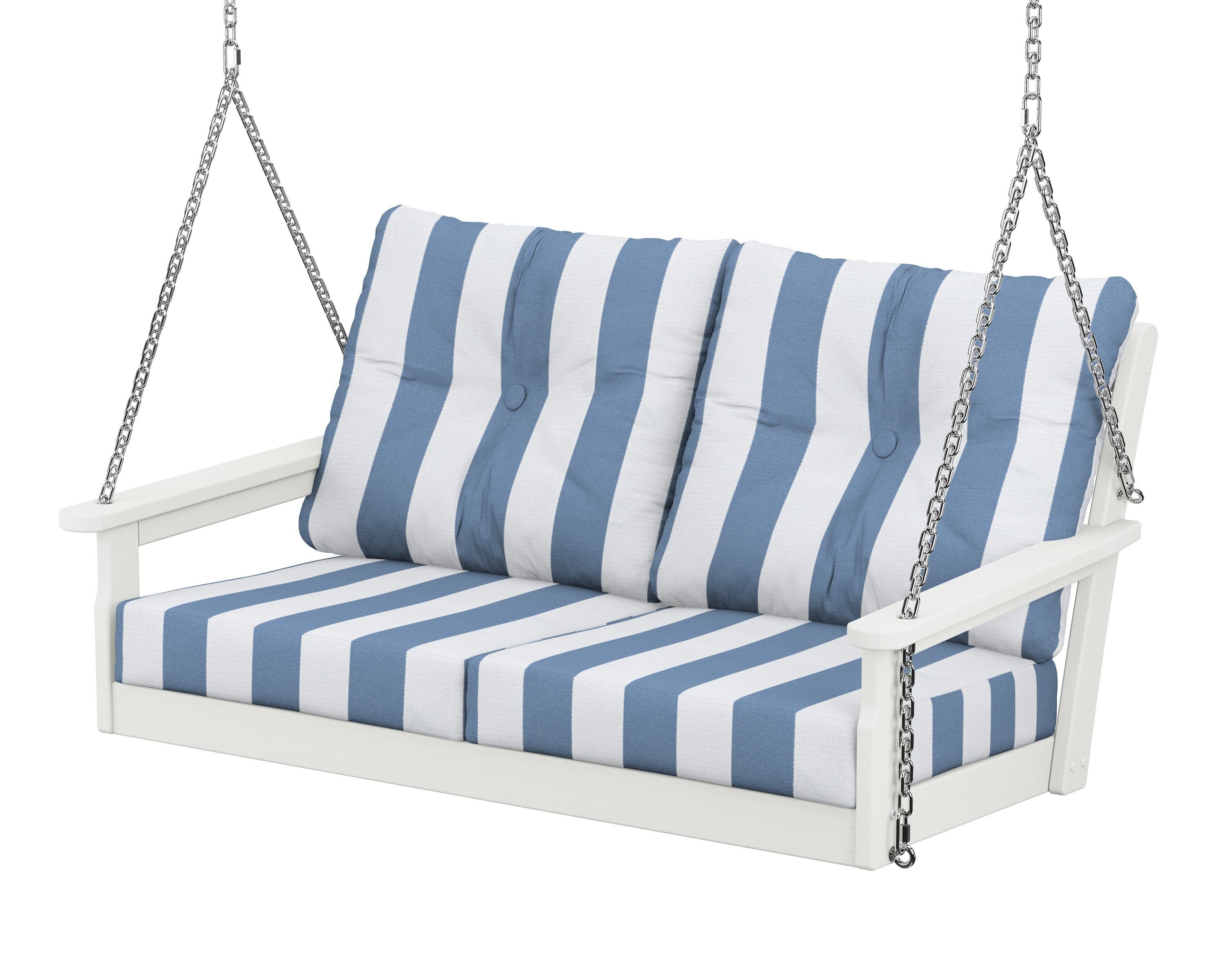 POLYWOOD® Vineyard Deep Seating Swing in Vintage White / Cabana Stripe Sky Blue
