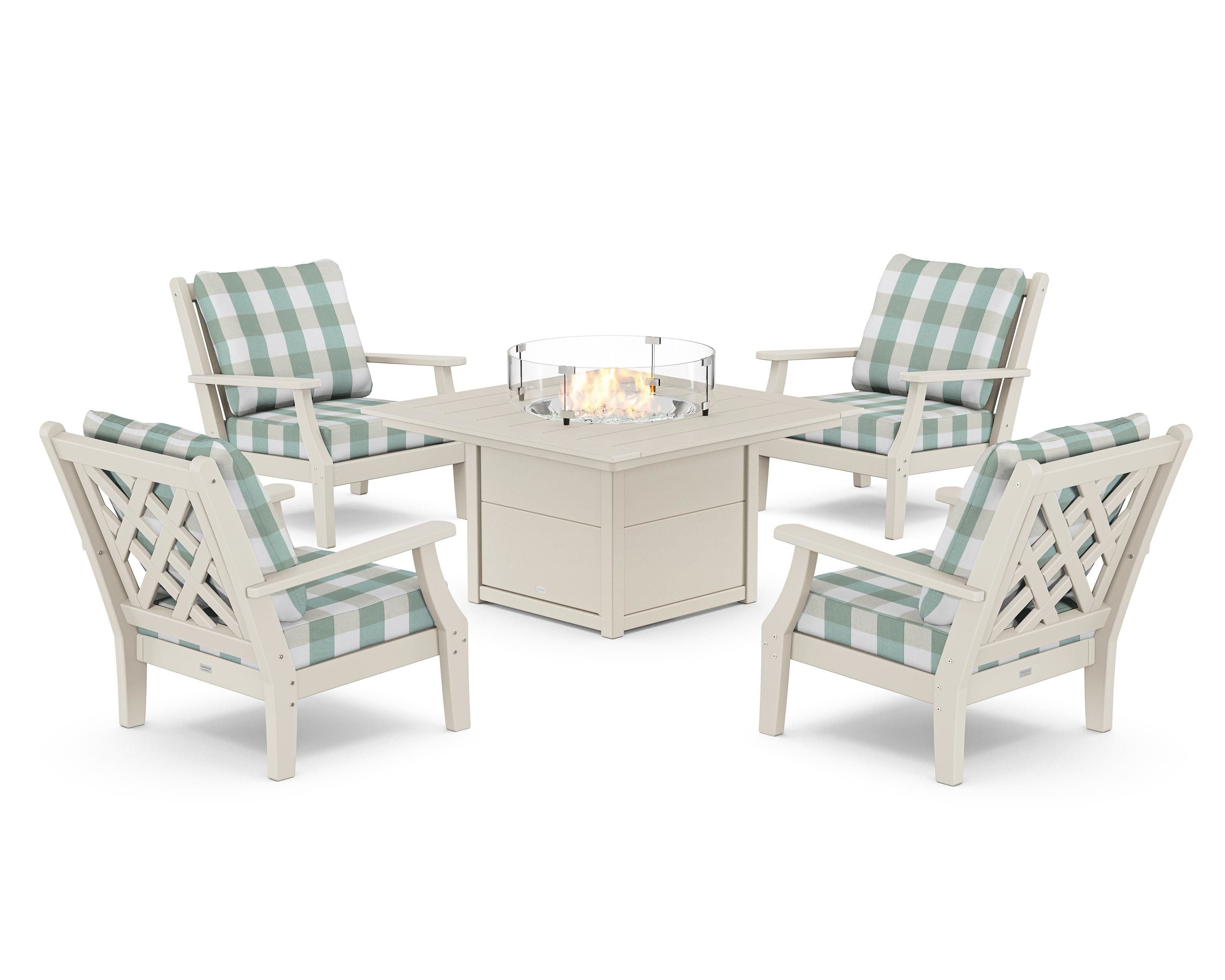 Country Living Wovendale 5-Piece Deep Seating Set with Fire Pit Table in Sand / Buffalo Plaid Glacier Spa