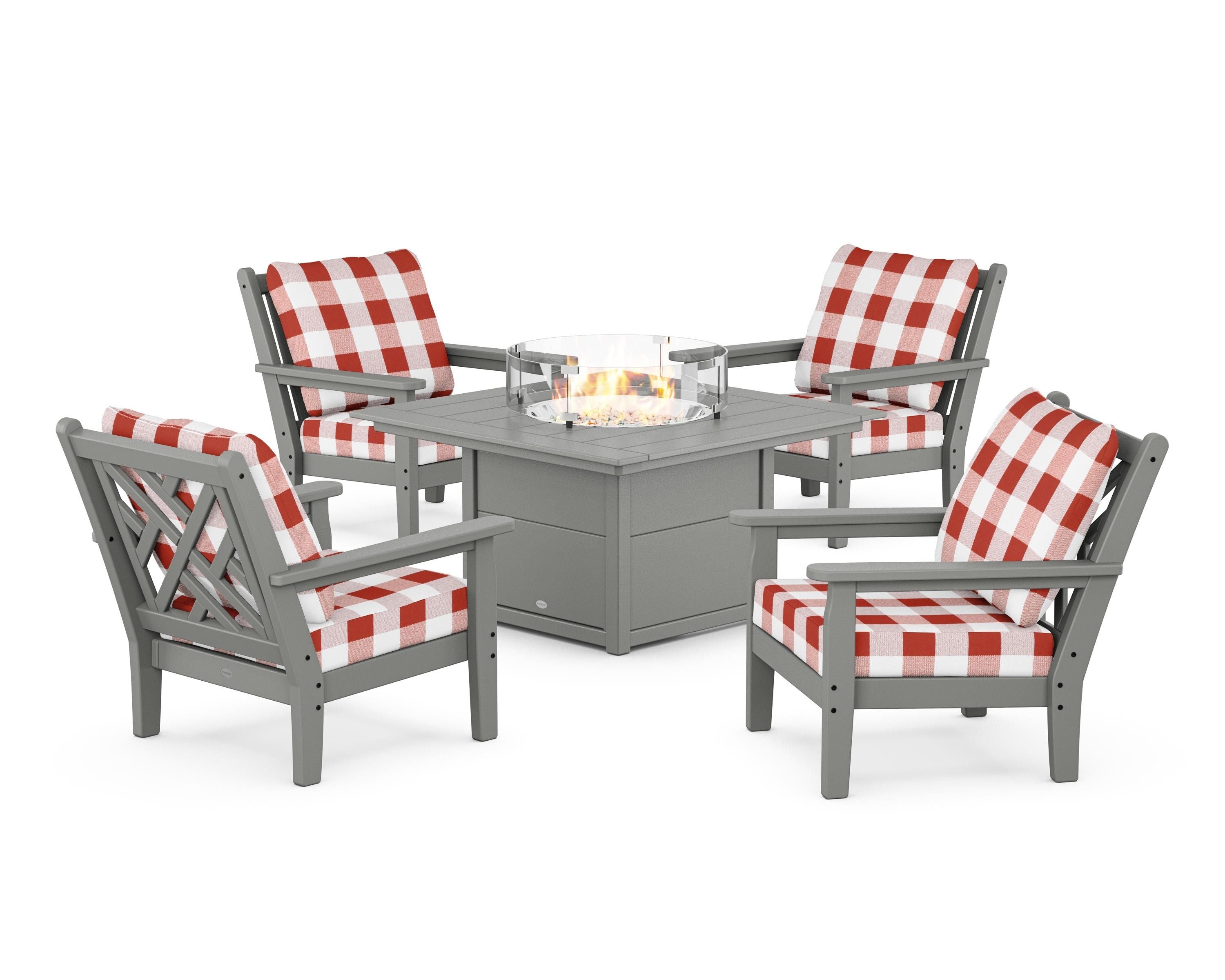 POLYWOOD® Chippendale 5-Piece Deep Seating Set with Fire Pit Table in Slate Grey / Buffalo Plaid Crimson