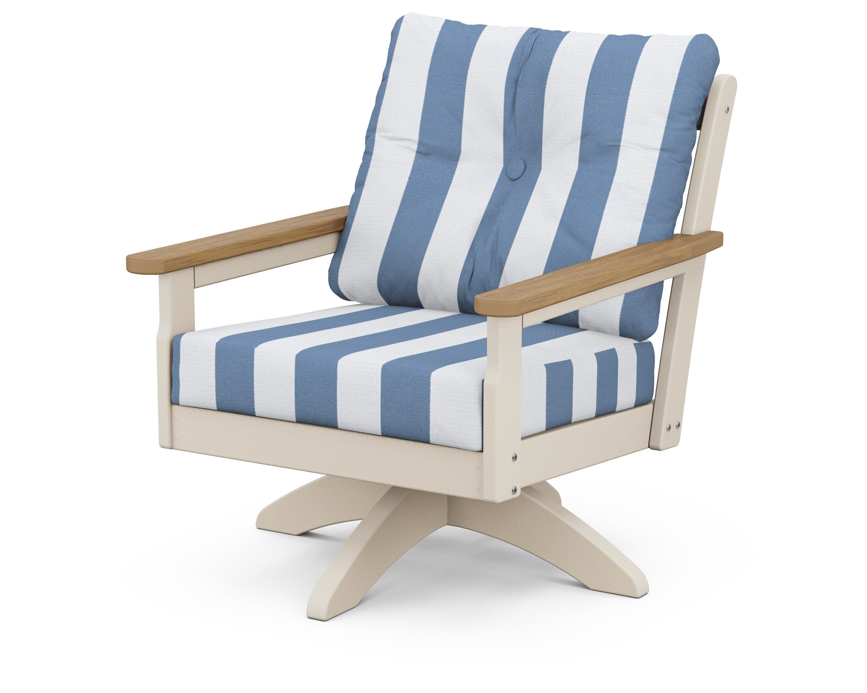 POLYWOOD® Vineyard Deep Seating Swivel Chair in Sand / Natural / Cabana Stripe Sky Blue