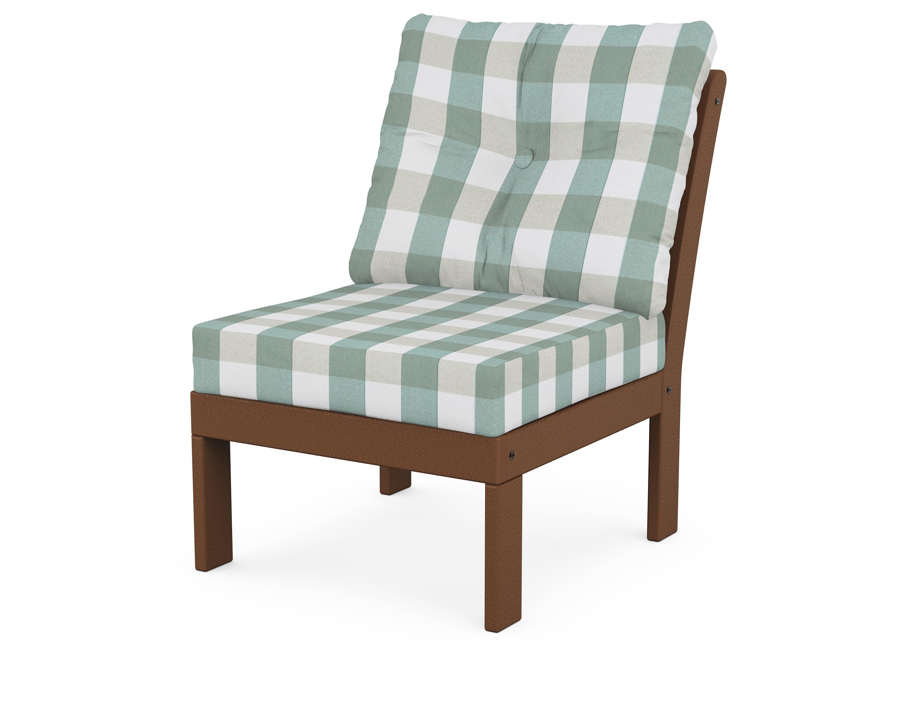 POLYWOOD® Vineyard Modular Armless Chair in Teak / Buffalo Plaid Glacier Spa
