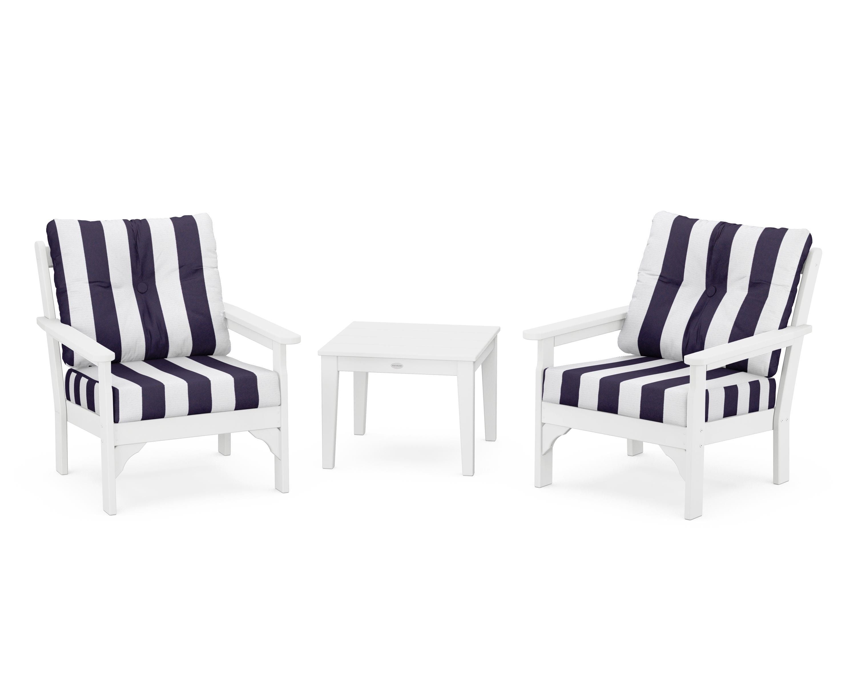 POLYWOOD® Vineyard 3-Piece Deep Seating Set in White / Cabana Stripe Navy