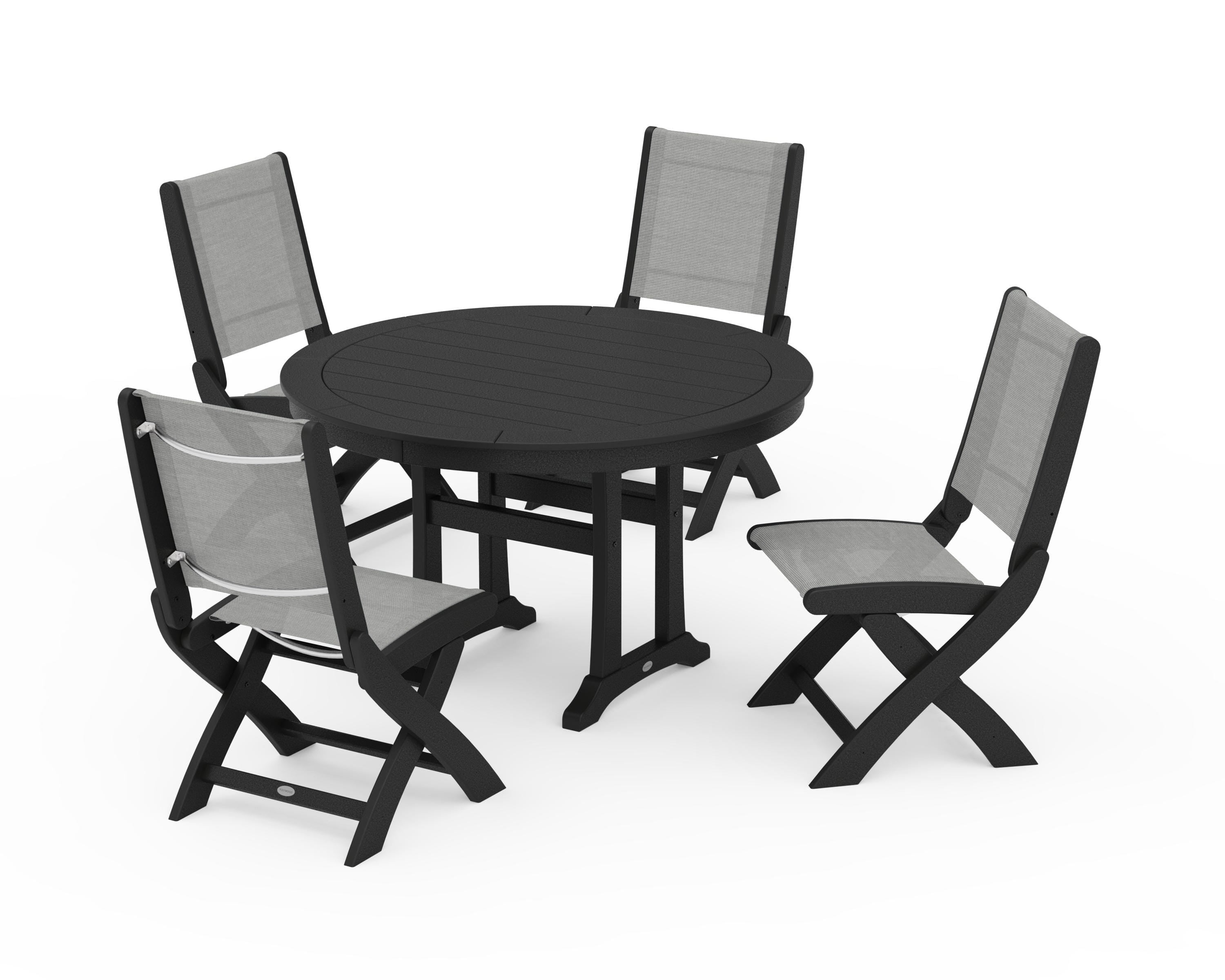 POLYWOOD® Coastal Folding Side Chair 5-Piece Round Dining Set With Trestle Legs in Black / Metallic Sling
