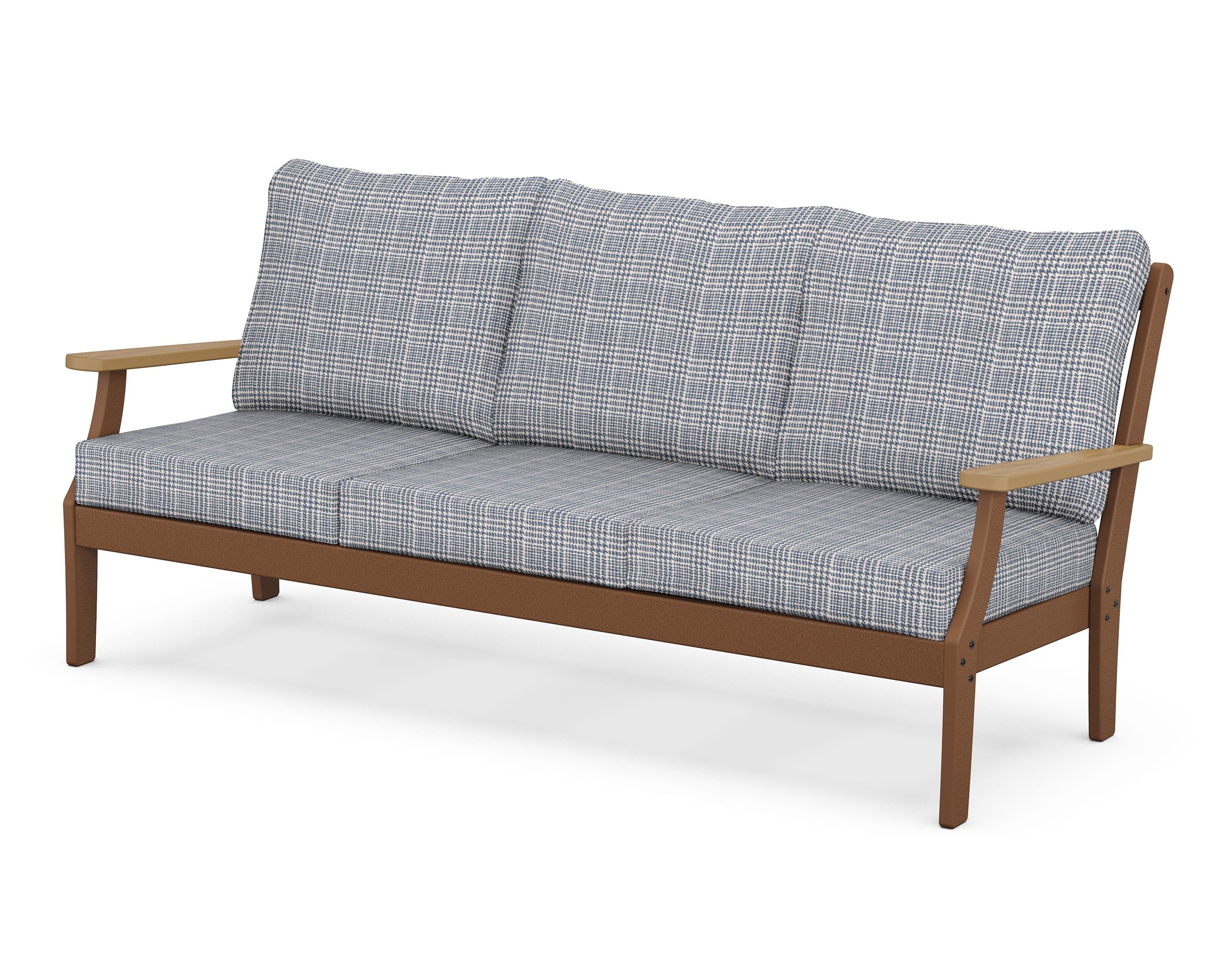 POLYWOOD® Braxton Deep Seating Sofa in Teak / Natural / Houndstooth Sky Blue