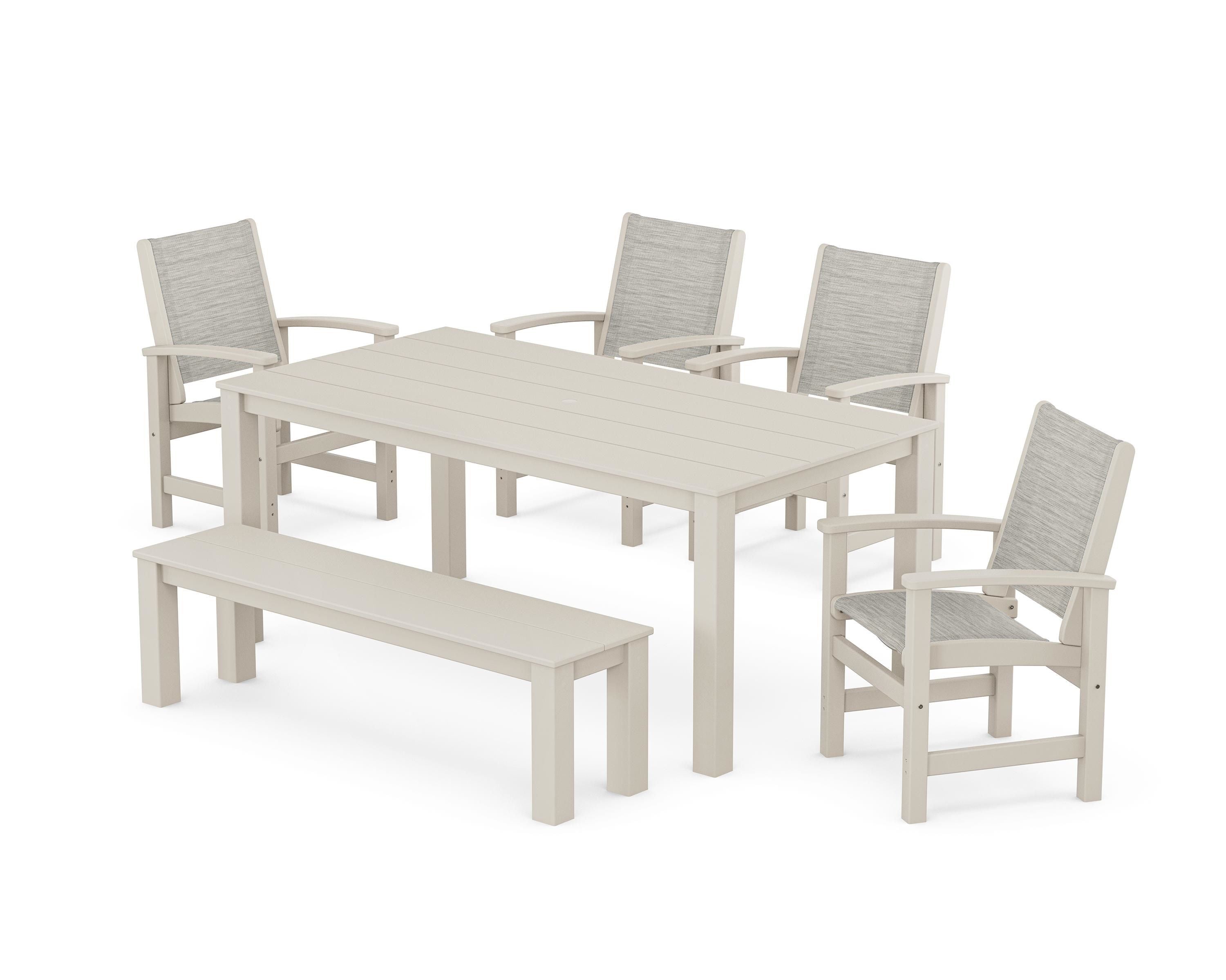 POLYWOOD® Coastal 6-Piece Parsons Dining Set with Bench in Sand / Birch Sling