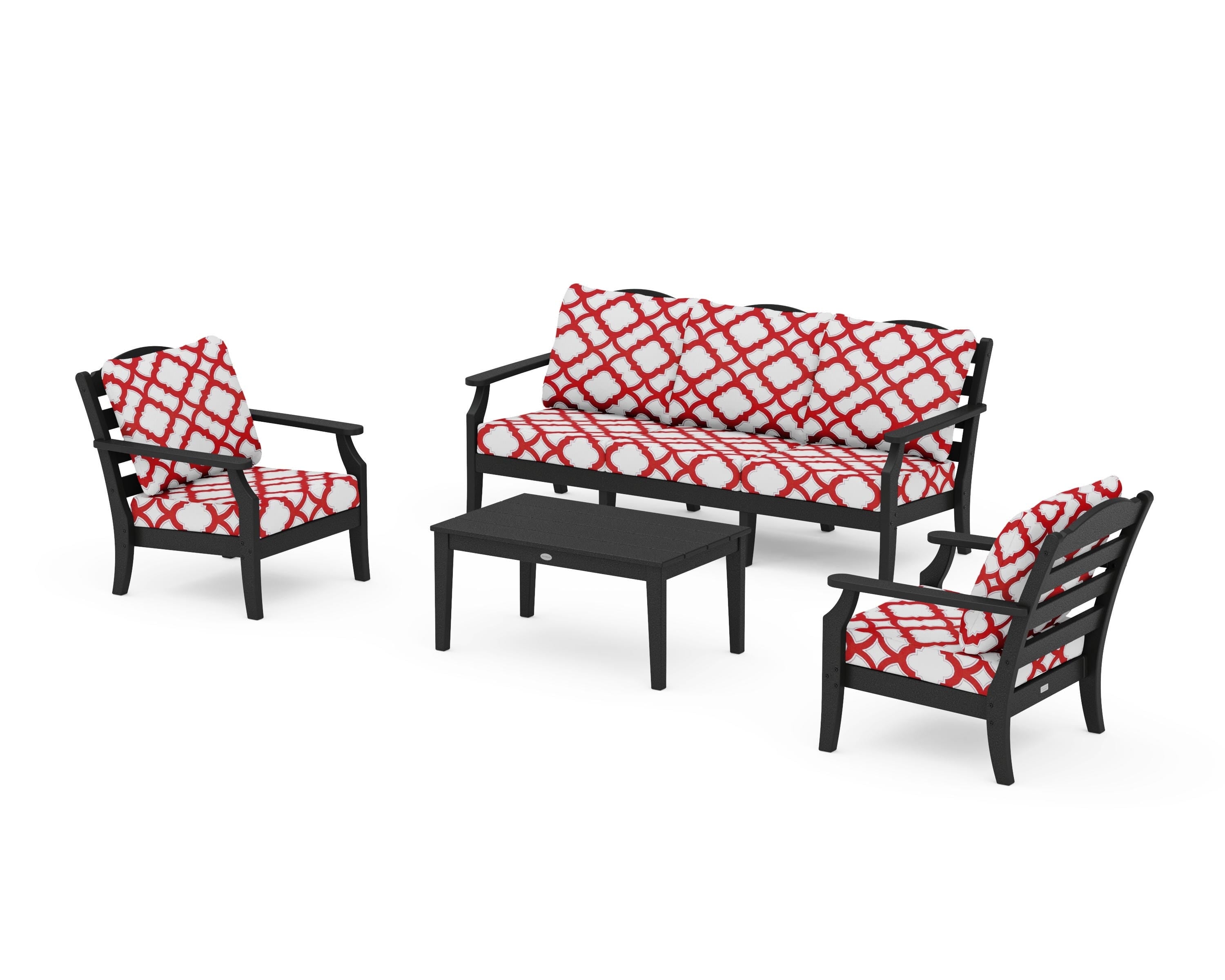 Draper James™ by POLYWOOD® Savannah 4-Piece Deep Seating Set with Sofa in Black / Trellis Crimson