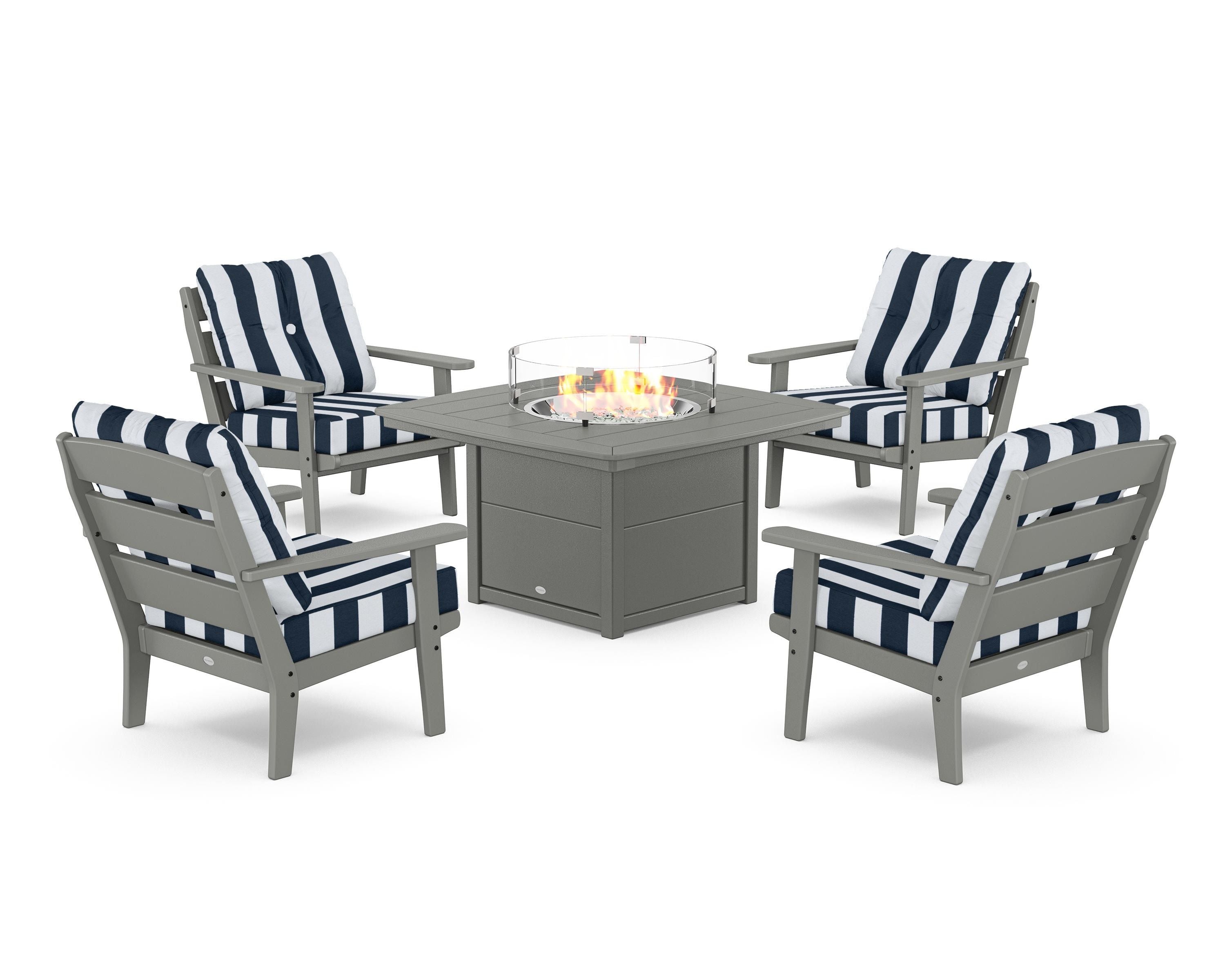 POLYWOOD® Lakeside 5-Piece Deep Seating Set with Nautical Fire Pit Table in Slate Grey / Cabana Stripe Marine Indigo