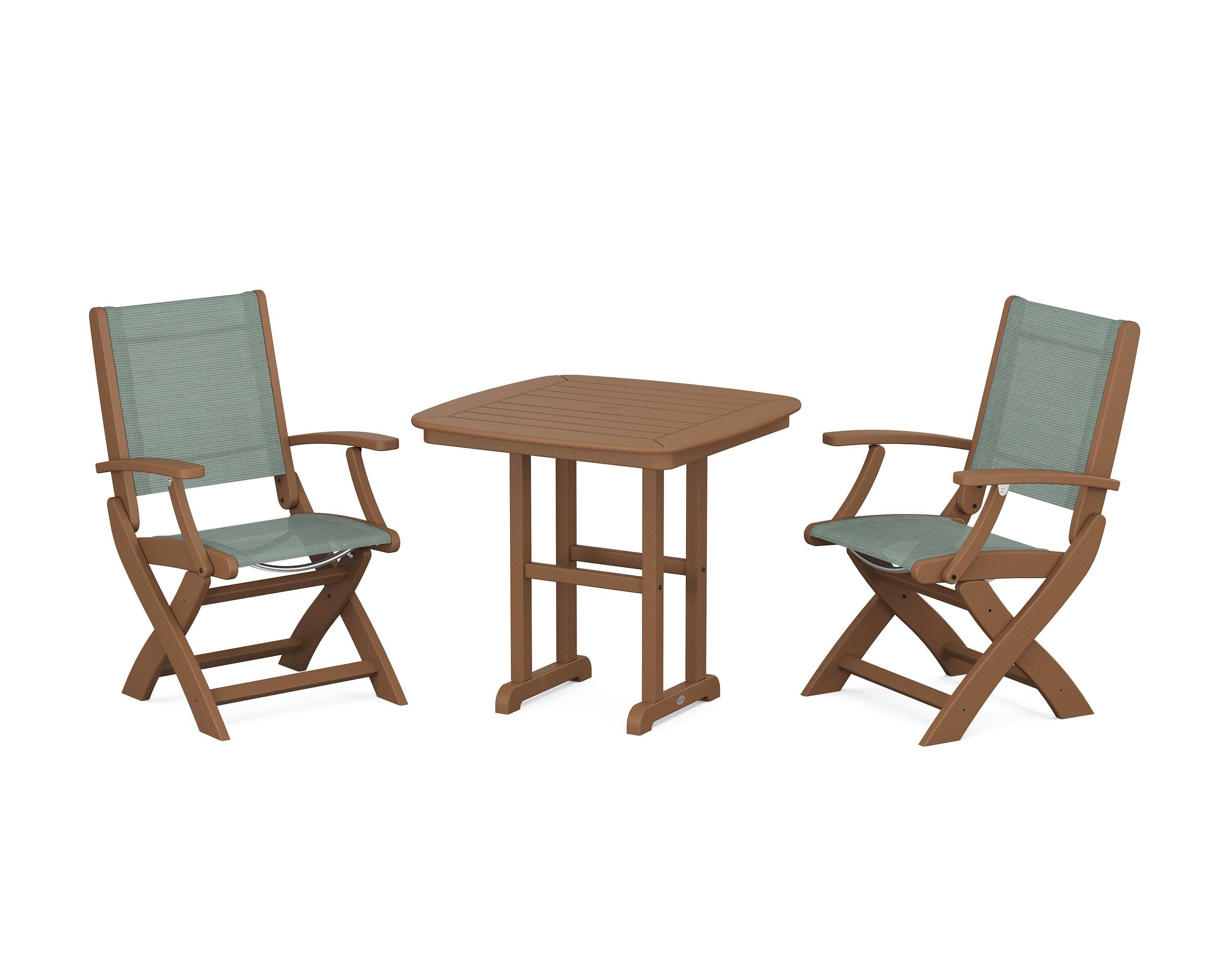 POLYWOOD® Coastal Folding Chair 3-Piece Dining Set in Teak / Dupioni Sea Mist Sling