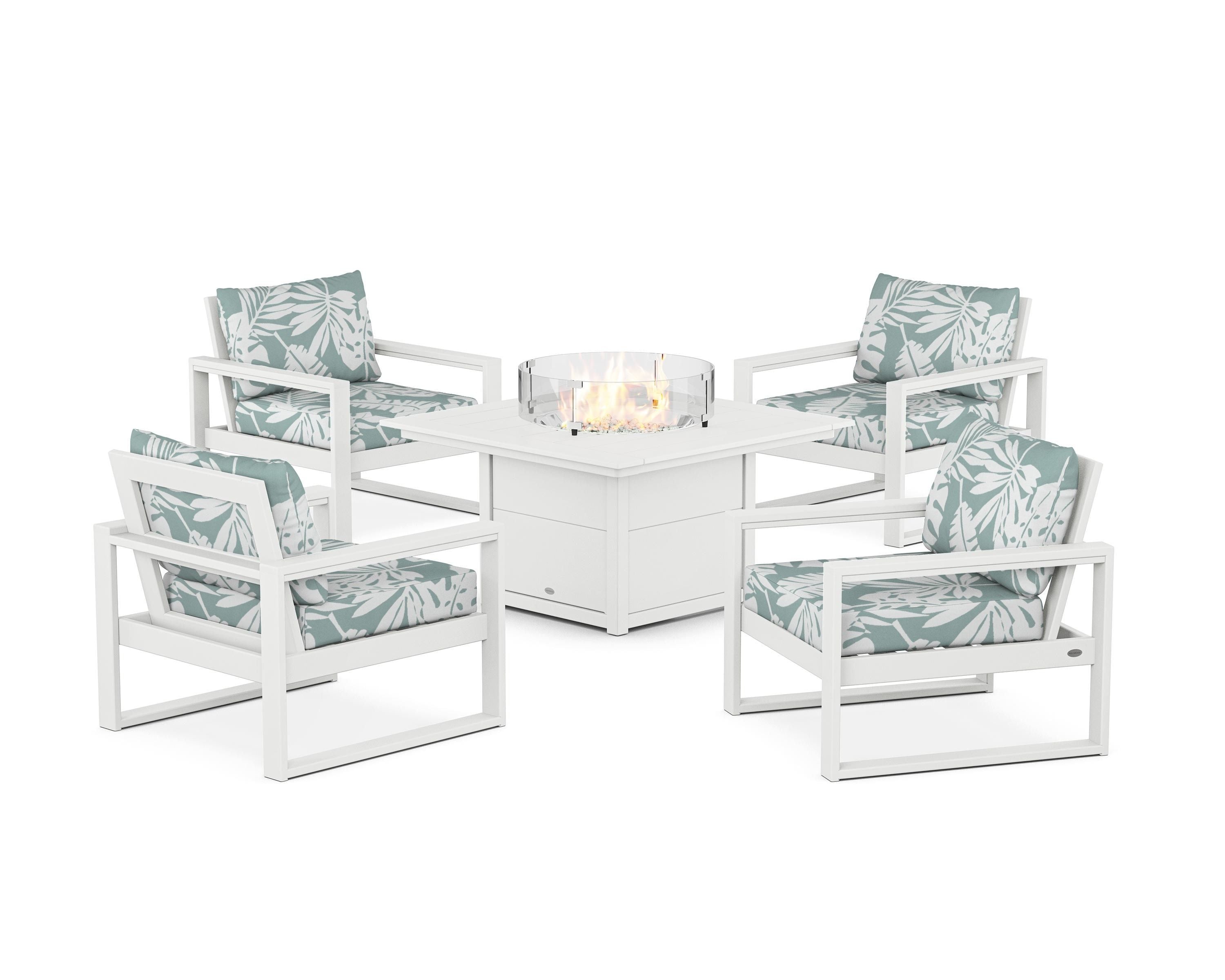POLYWOOD® EDGE Sectional 5-Piece Deep Seating Set with Fire Pit Table in White / Leaf Glacier Spa