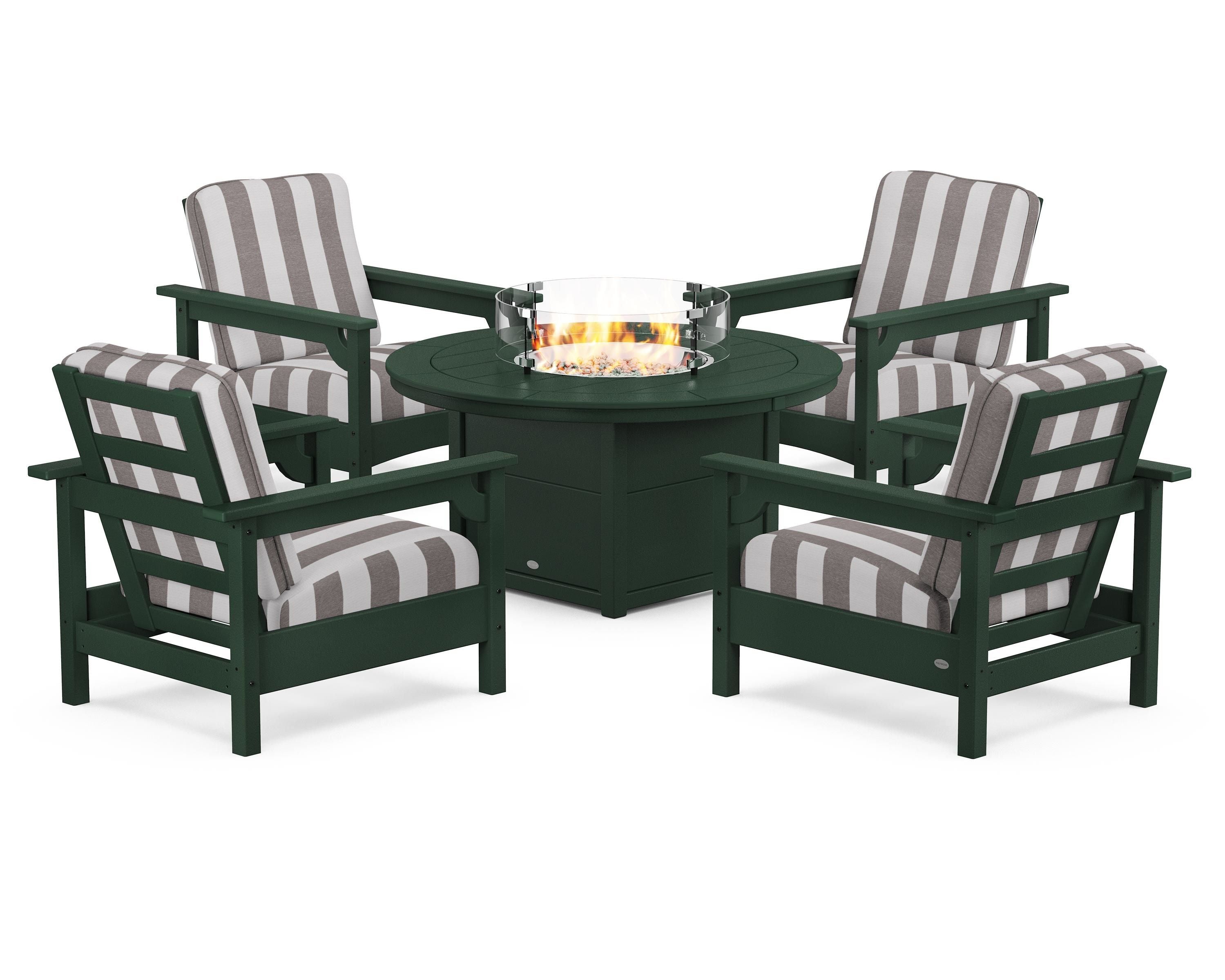 POLYWOOD® Club 5-Piece Conversation Set with Fire Pit Table in Green / Cabana Stripe Grey Mist