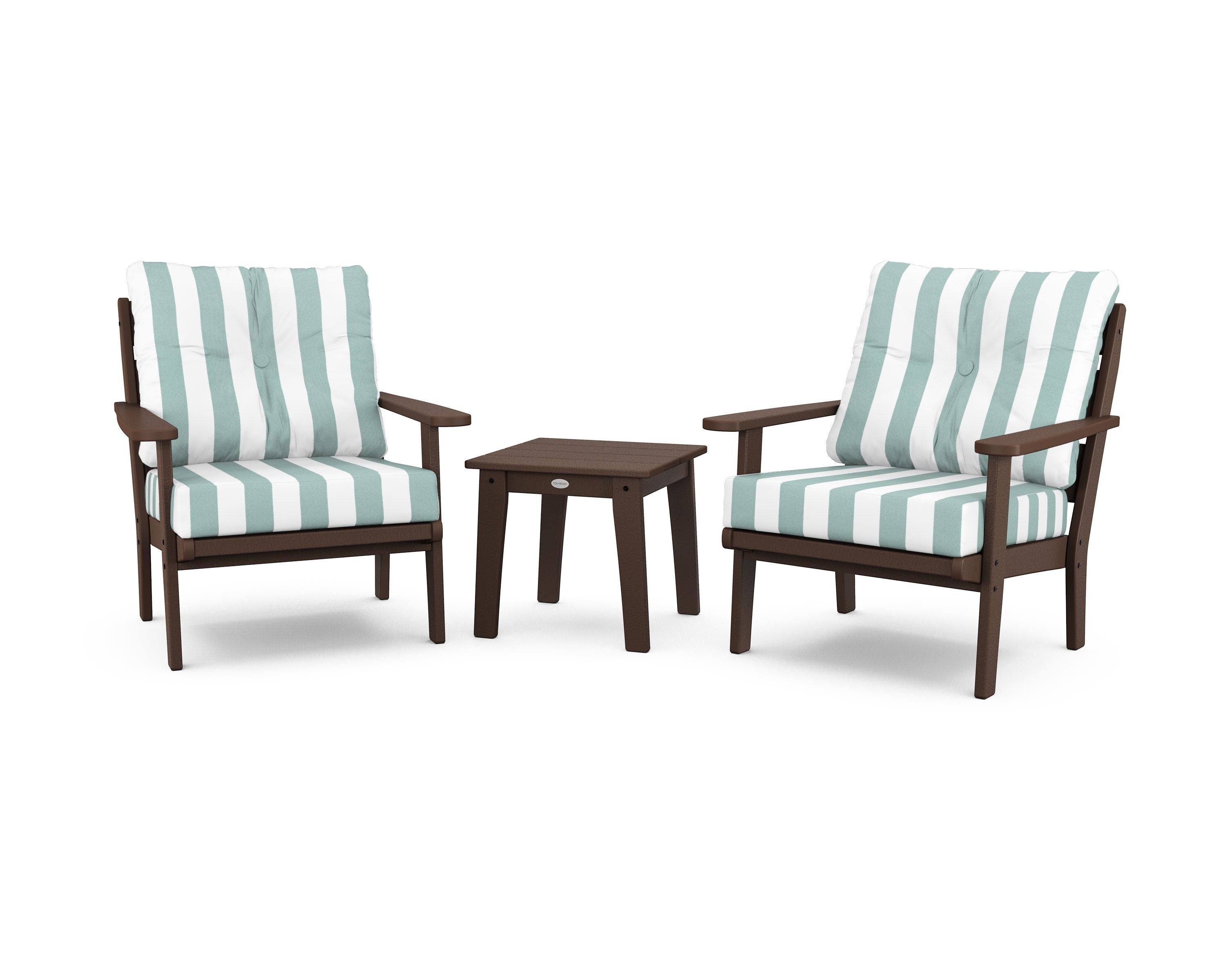 POLYWOOD® Lakeside 3-Piece Deep Seating Chair Set in Mahogany / Cabana Stripe Glacier Spa