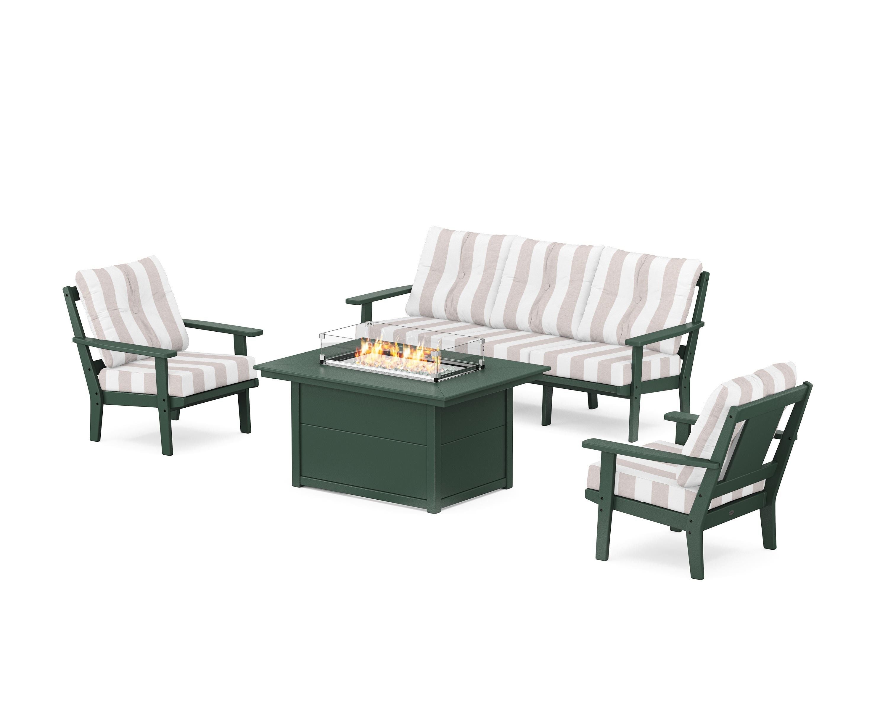 POLYWOOD® Prairie Deep Seating Fire Pit Table Set in Green / Cabana Stripe Dune Burlap