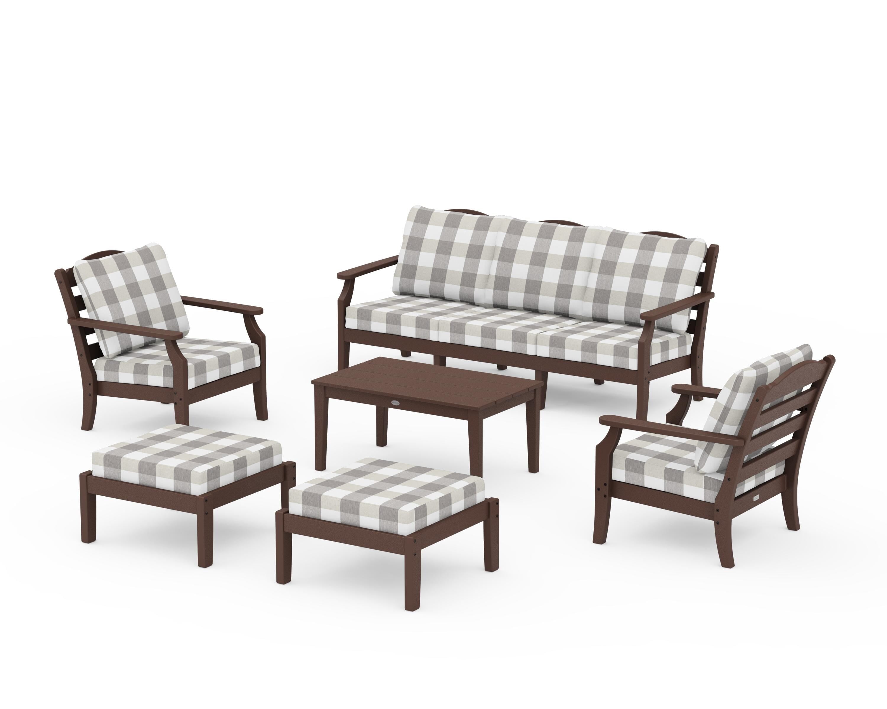 Draper James™ by POLYWOOD® Savannah 6-Piece Lounge Sofa Set in Mahogany / Buffalo Plaid Grey Mist