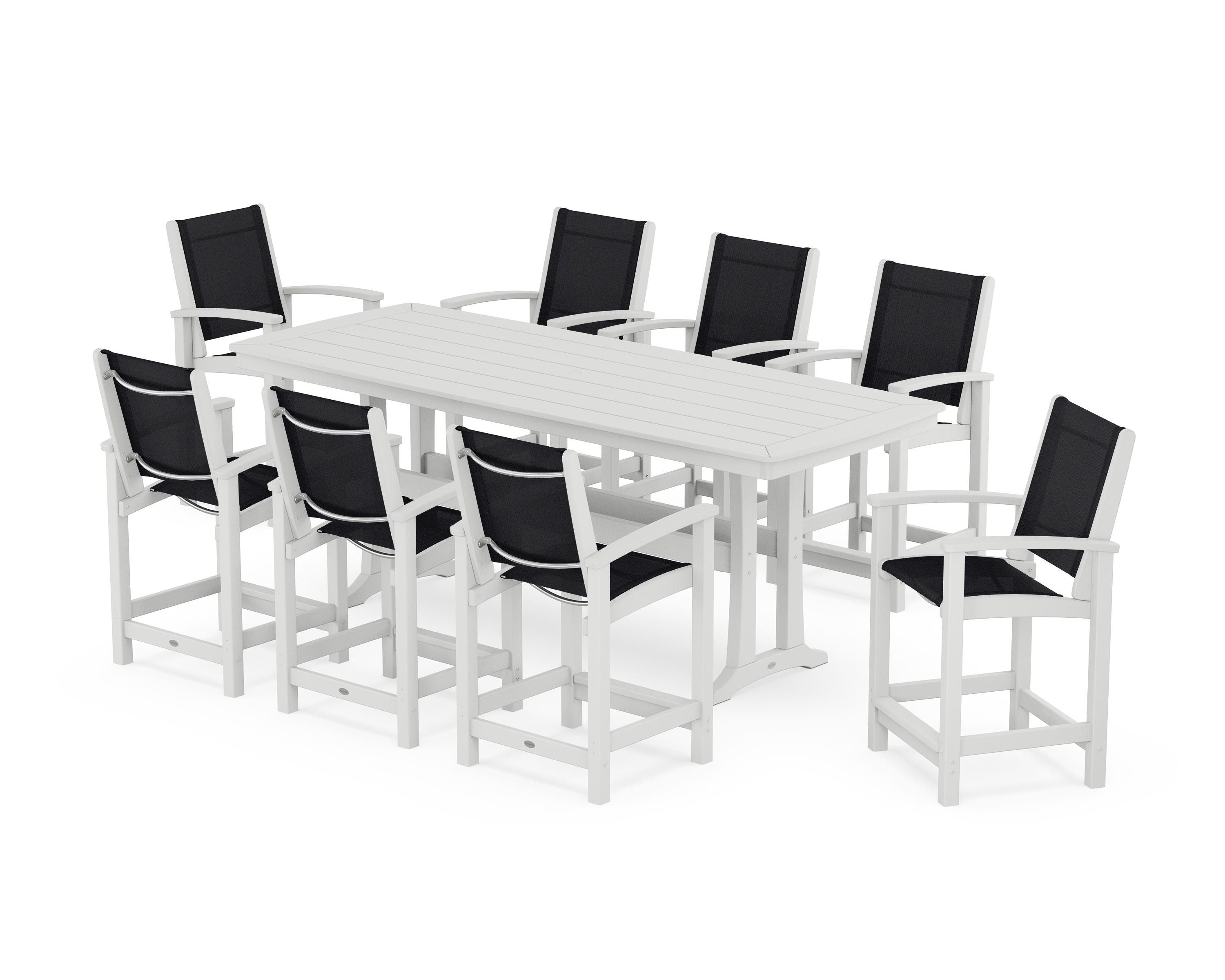 POLYWOOD® Coastal 9-Piece Counter Set with Trestle Legs in White / Black Sling