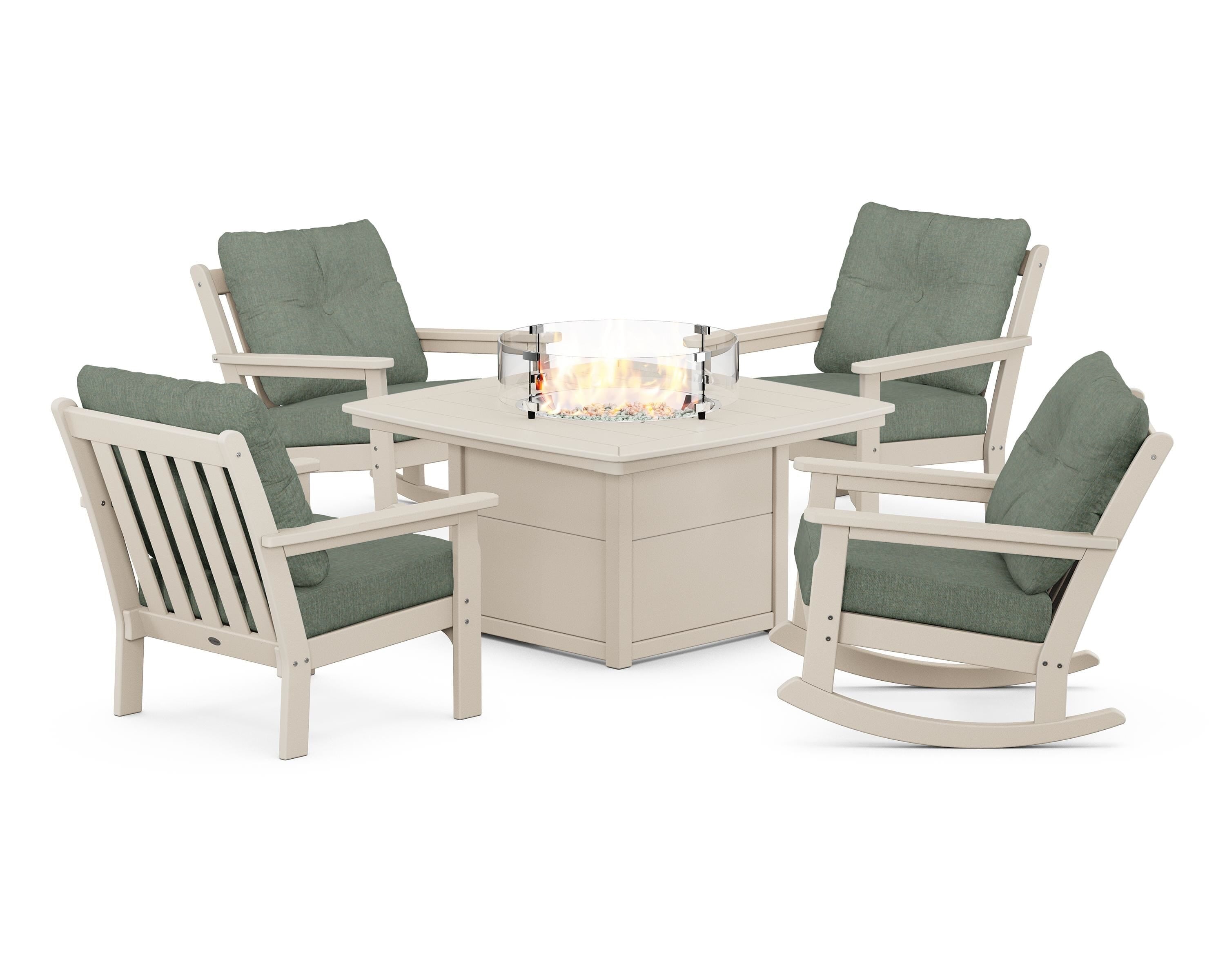 POLYWOOD® Vineyard 5-Piece Deep Seating Rocking Chair Conversation Set with Fire Pit Table in Sand / Cast Sage