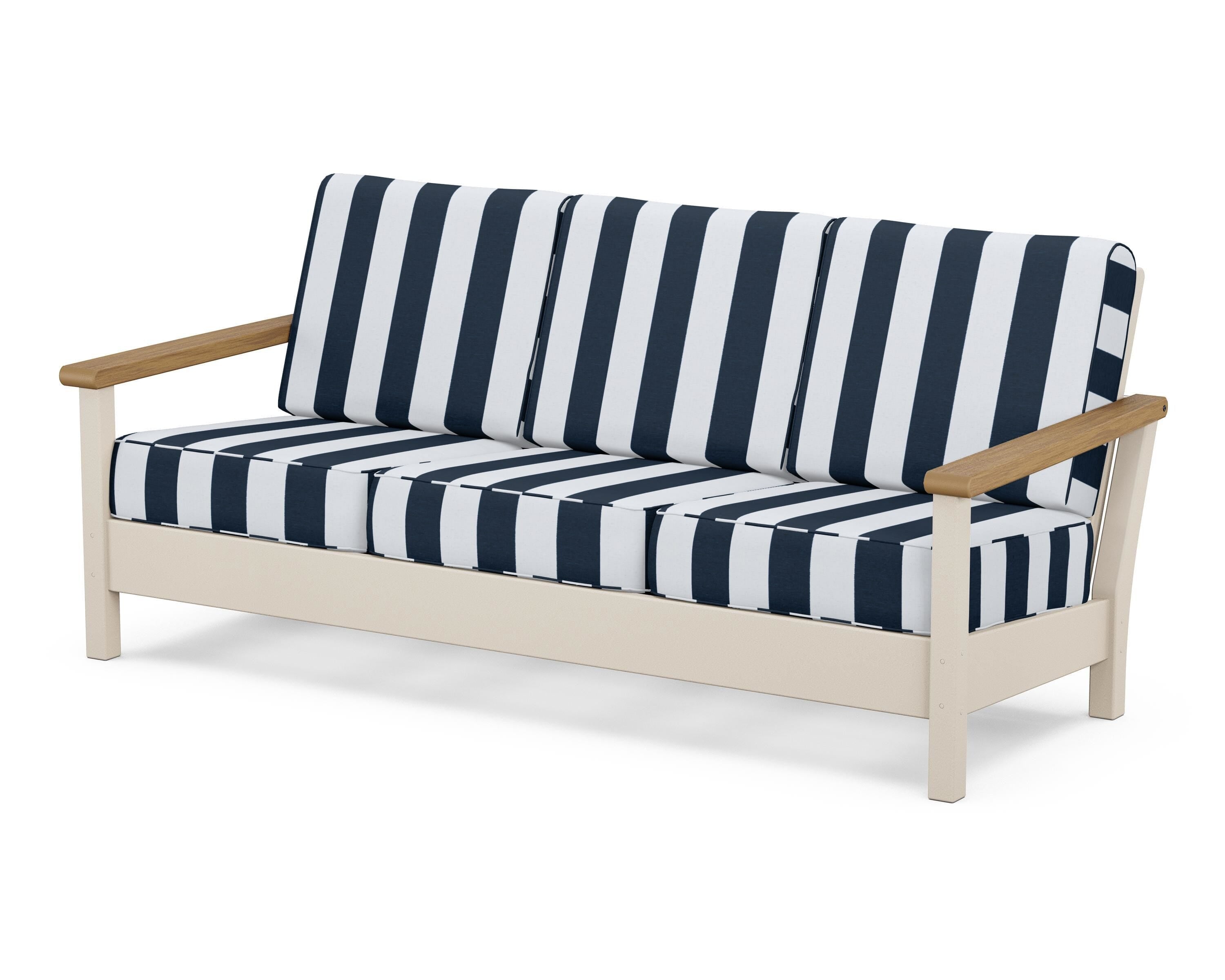 POLYWOOD® Harbour Deep Seating Sofa in Sand / Natural / Cabana Stripe Marine Indigo