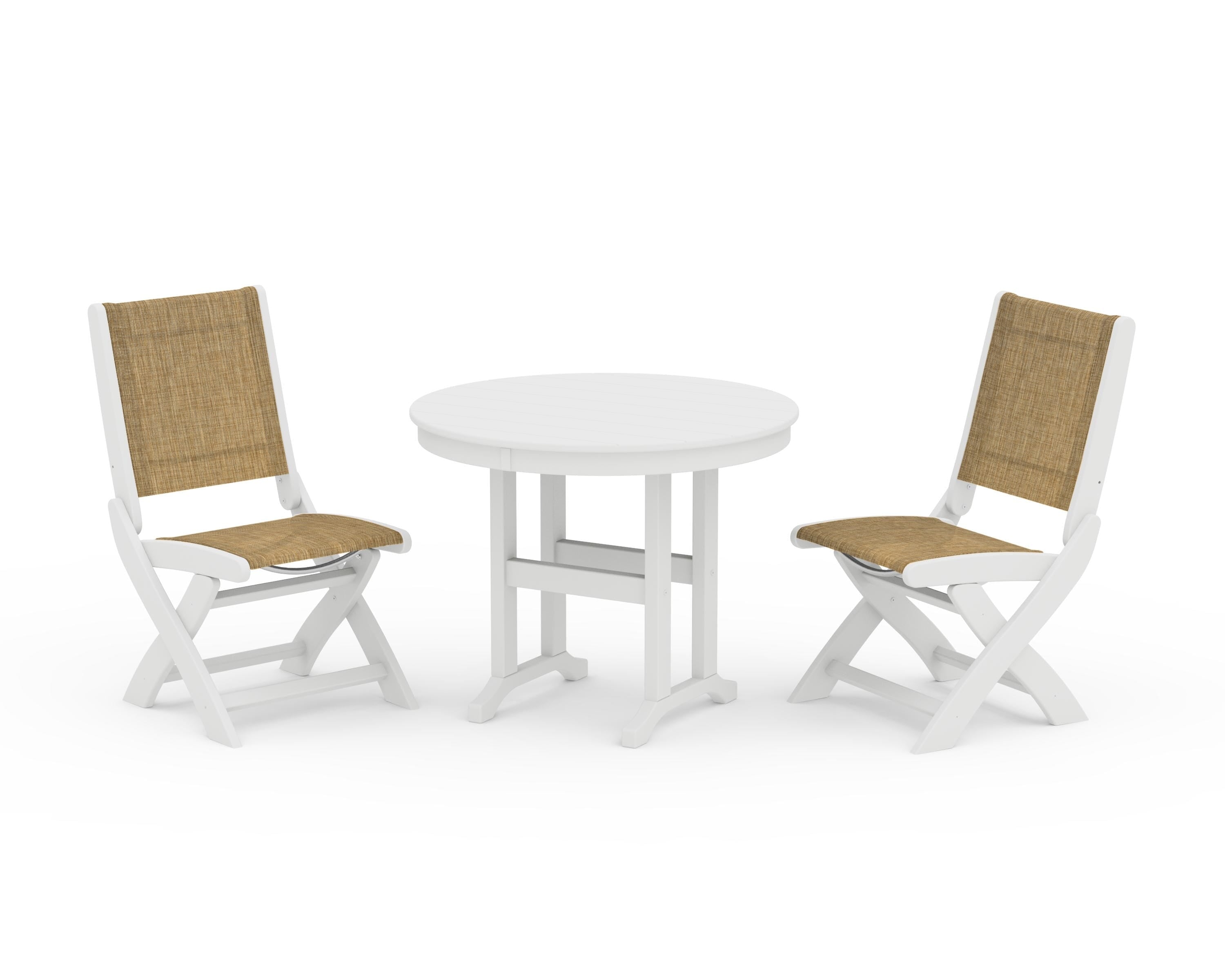 POLYWOOD® Coastal Folding Side Chair 3-Piece Round Dining Set in White / Burlap Sling