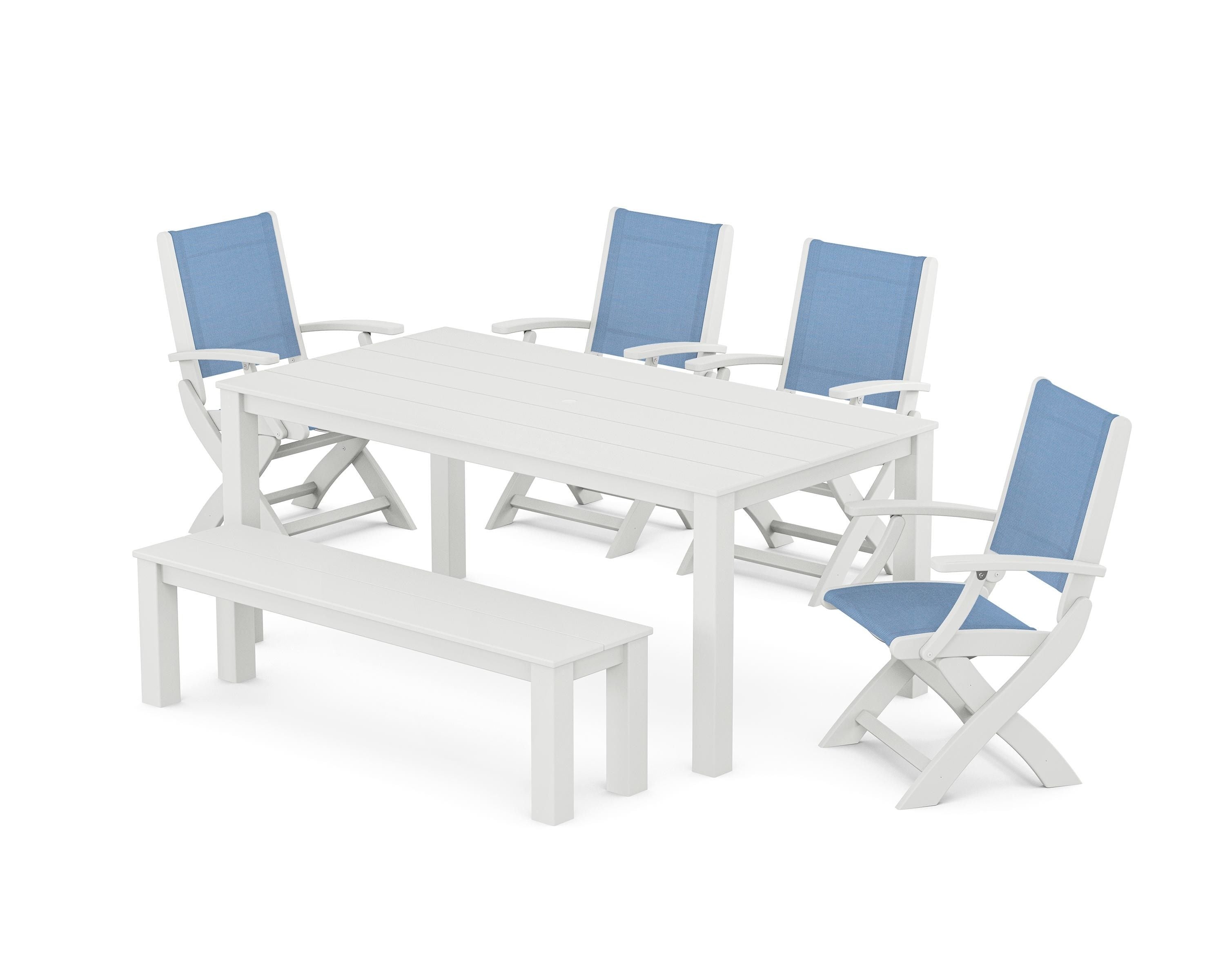 POLYWOOD® Coastal Folding Chair 6-Piece Parsons Dining Set with Bench in White / Poolside Sling