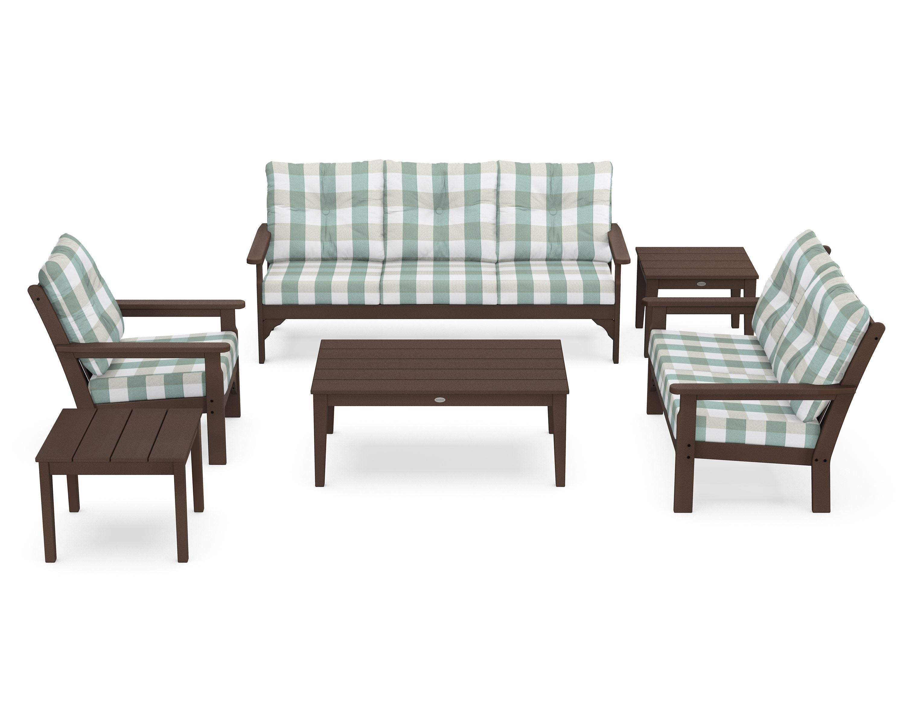 POLYWOOD® Vineyard 6-Piece Deep Seating Set in Mahogany / Buffalo Plaid Glacier Spa