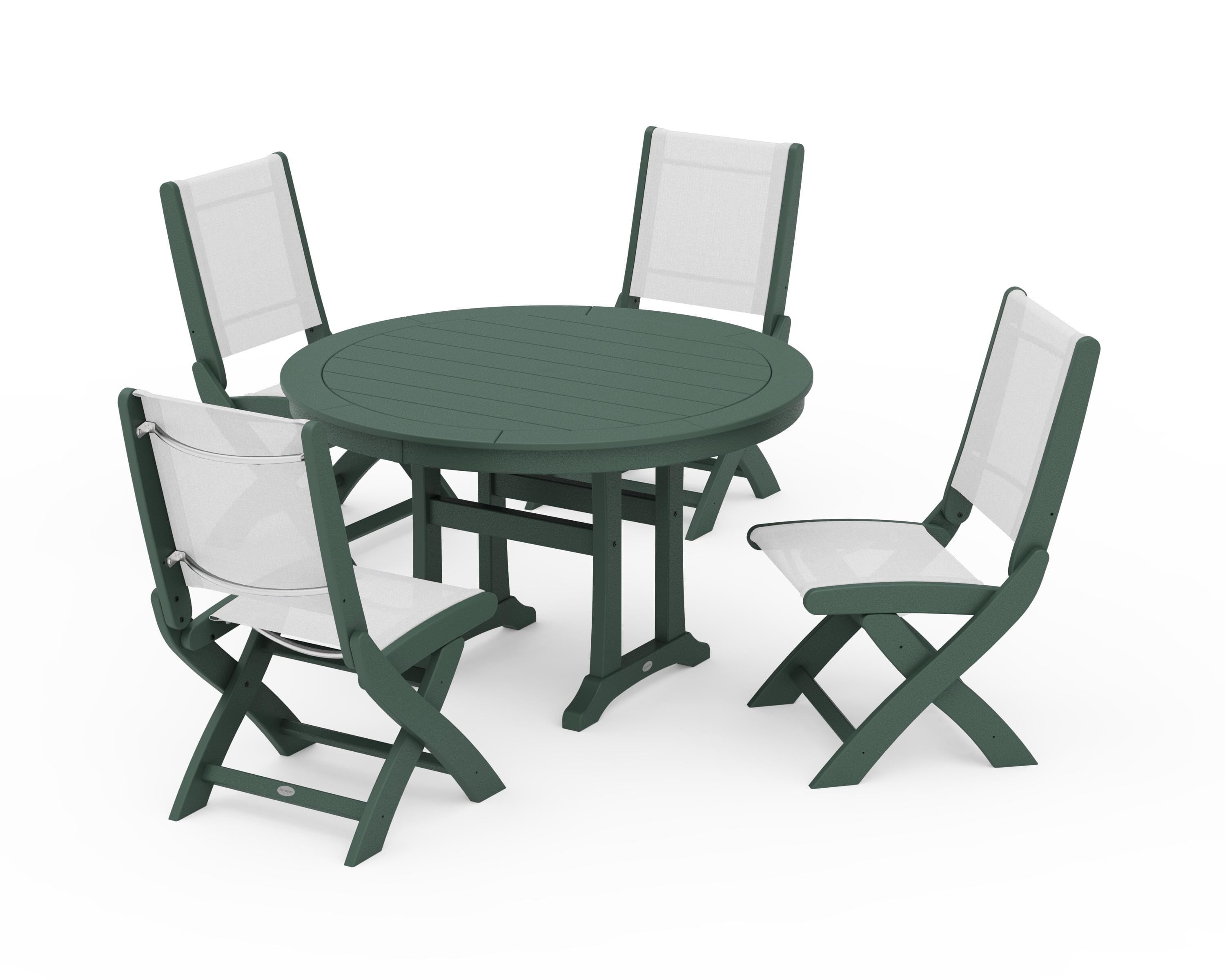 POLYWOOD® Coastal Folding Side Chair 5-Piece Round Dining Set With Trestle Legs in Green / White Sling