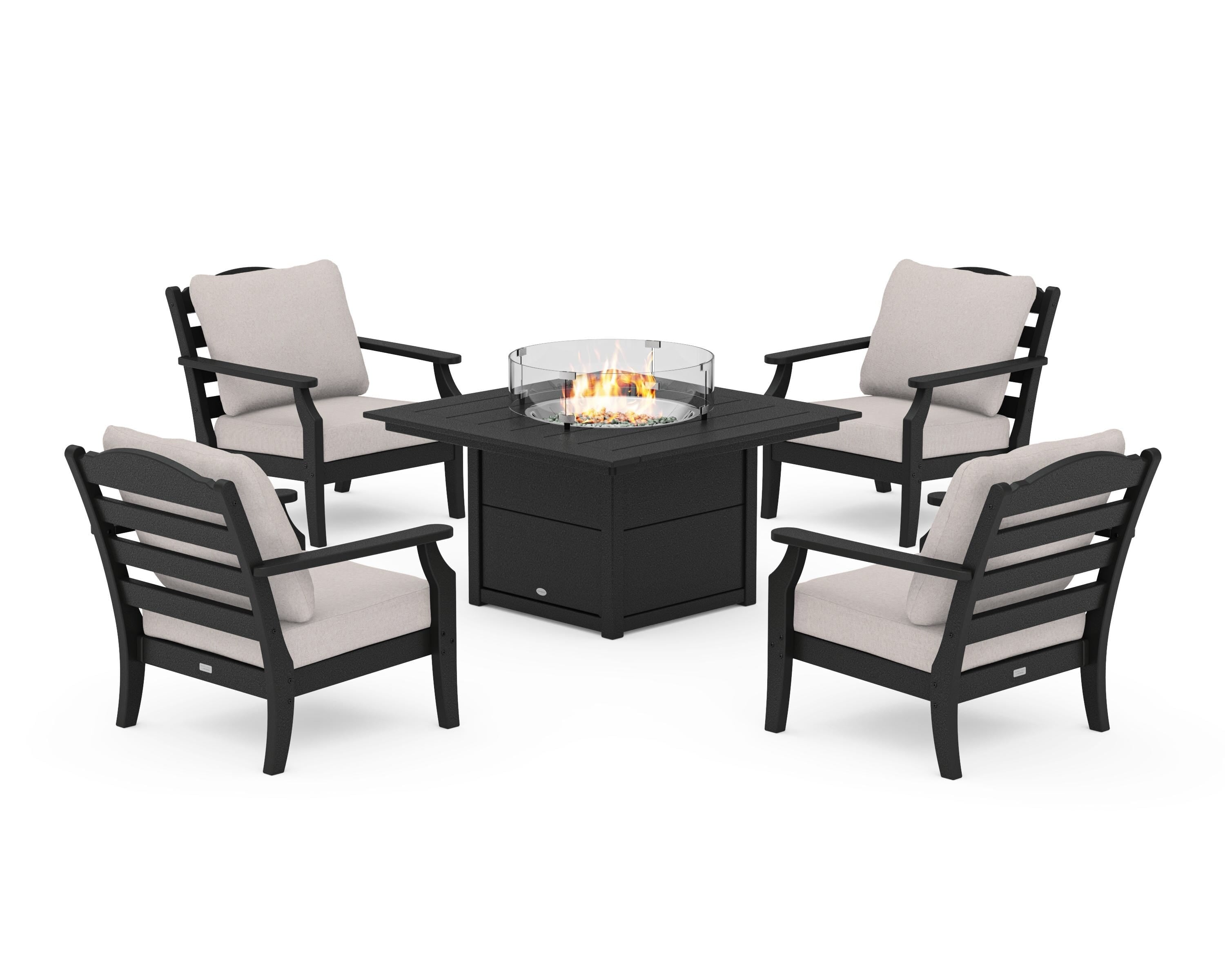 Draper James™ by POLYWOOD® Savannah 5-Piece Deep Seating Set with Fire Pit Table in Black / Dune Burlap