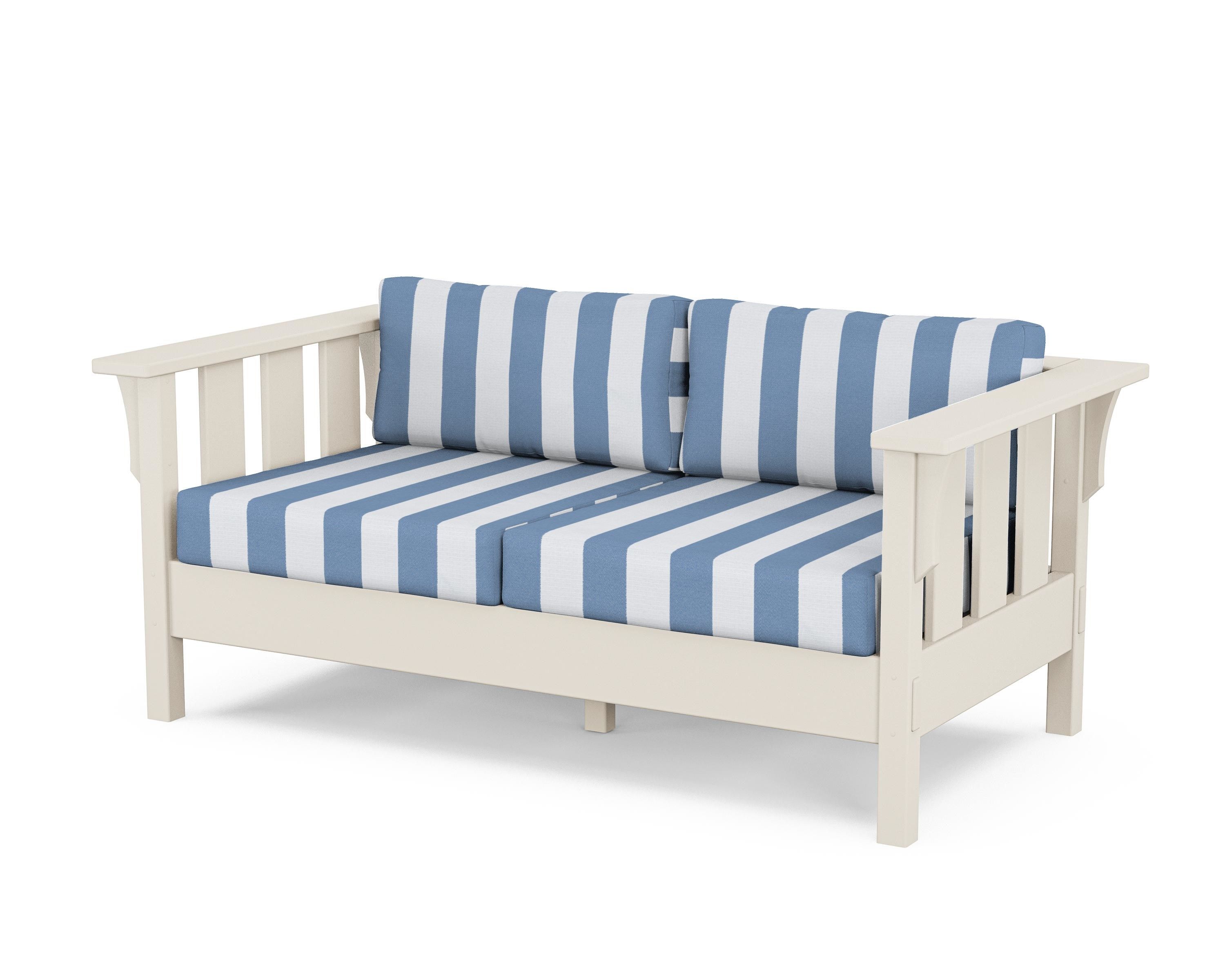 Martha Stewart by POLYWOOD® Acadia Deep Seating Loveseat in Sand / Cabana Stripe Sky Blue