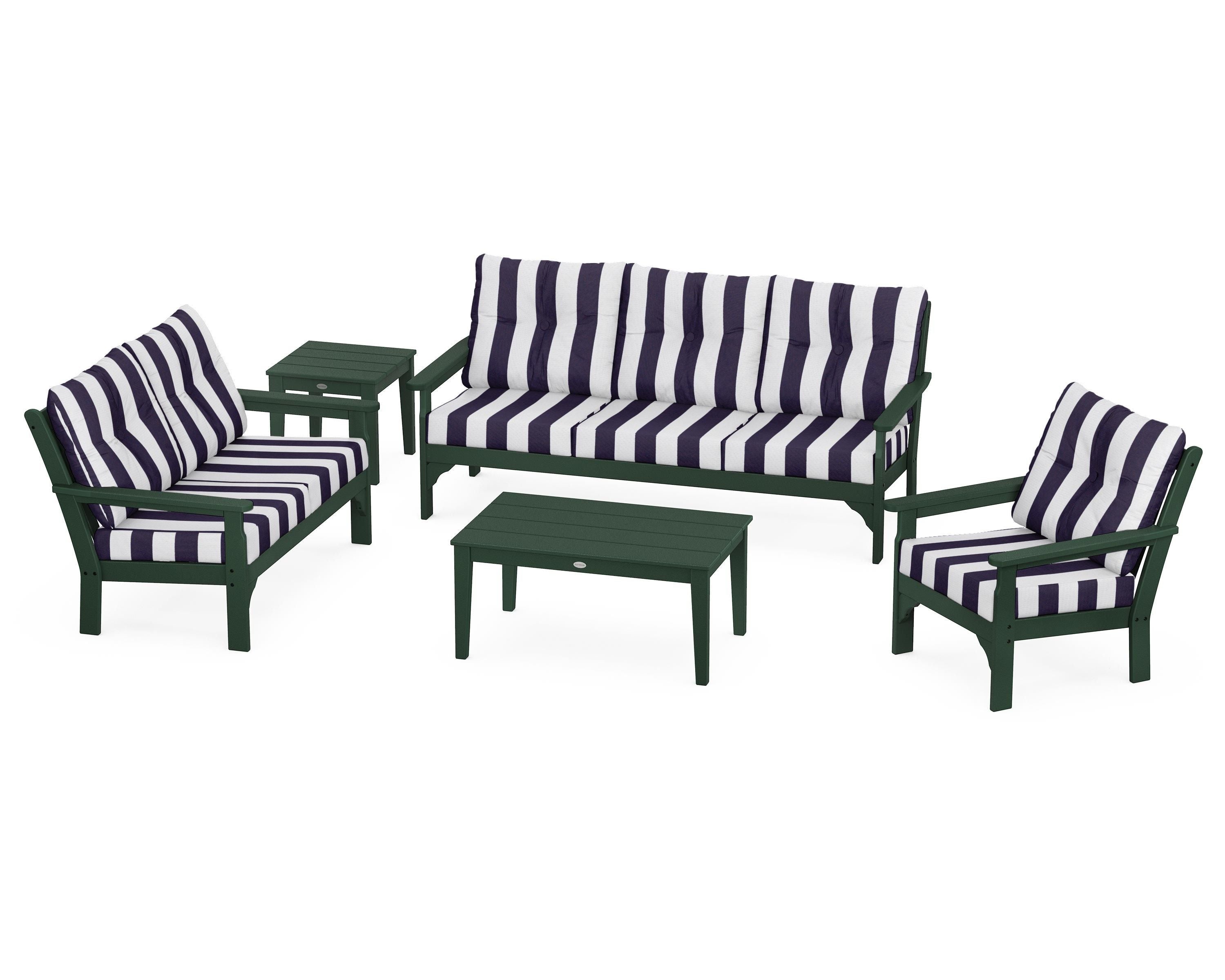 POLYWOOD® Vineyard 5 Piece Deep Seating Set in Green / Cabana Stripe Navy