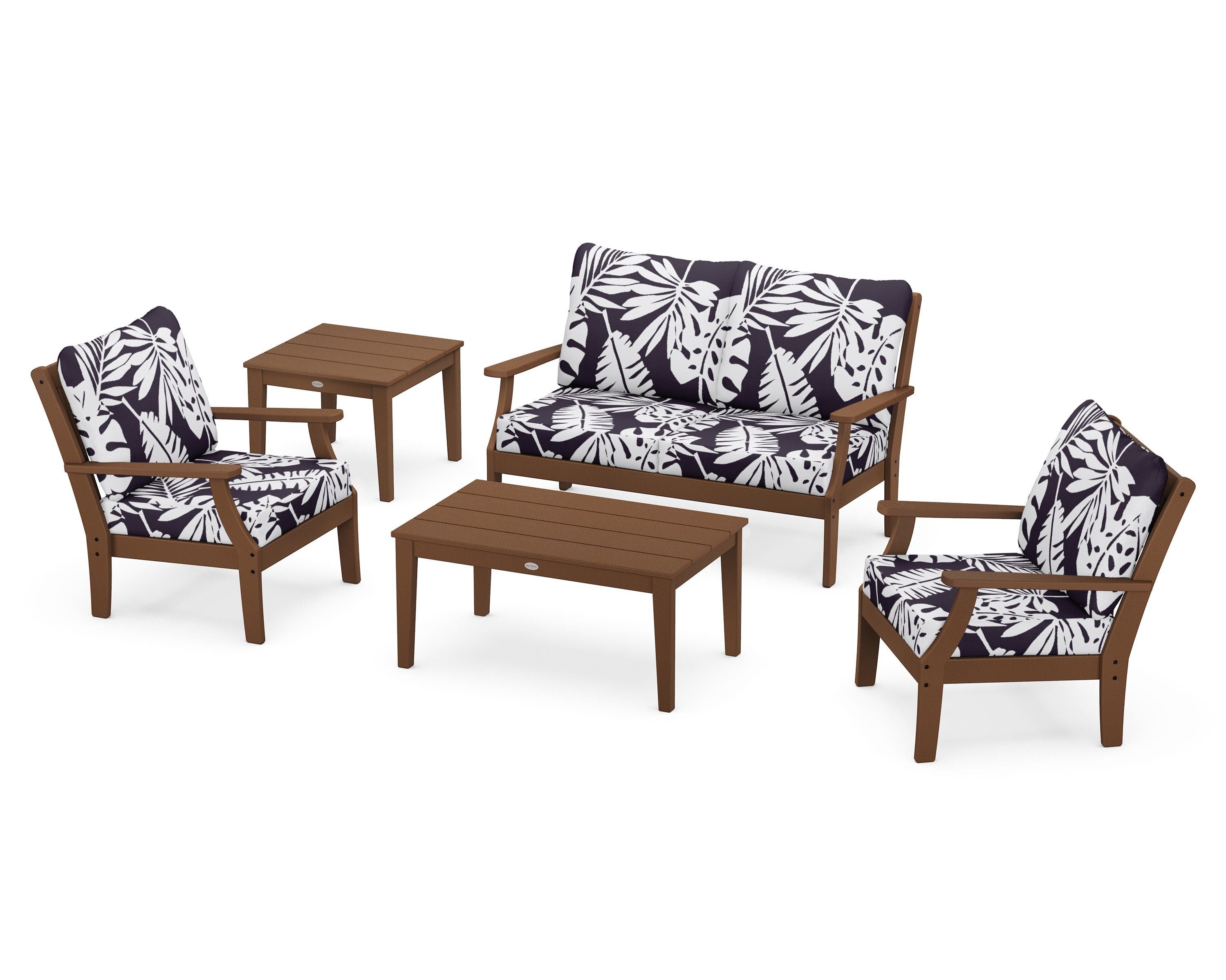 POLYWOOD® Braxton 5-Piece Deep Seating Set in Teak / Leaf Navy