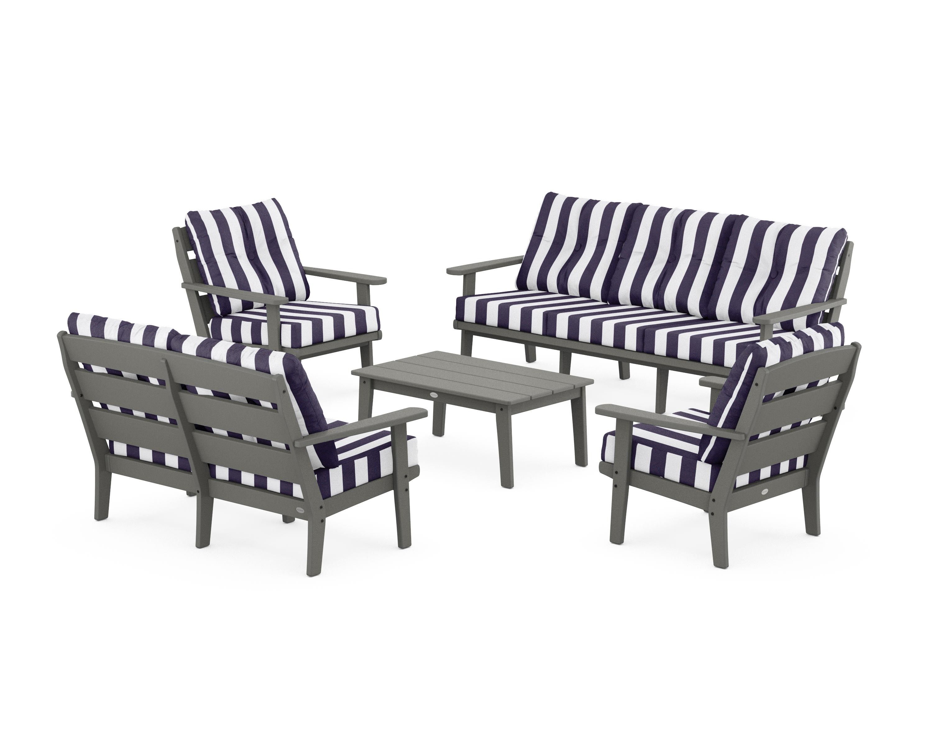 POLYWOOD® Lakeside 5-Piece Lounge Sofa Set in Slate Grey / Cabana Stripe Navy