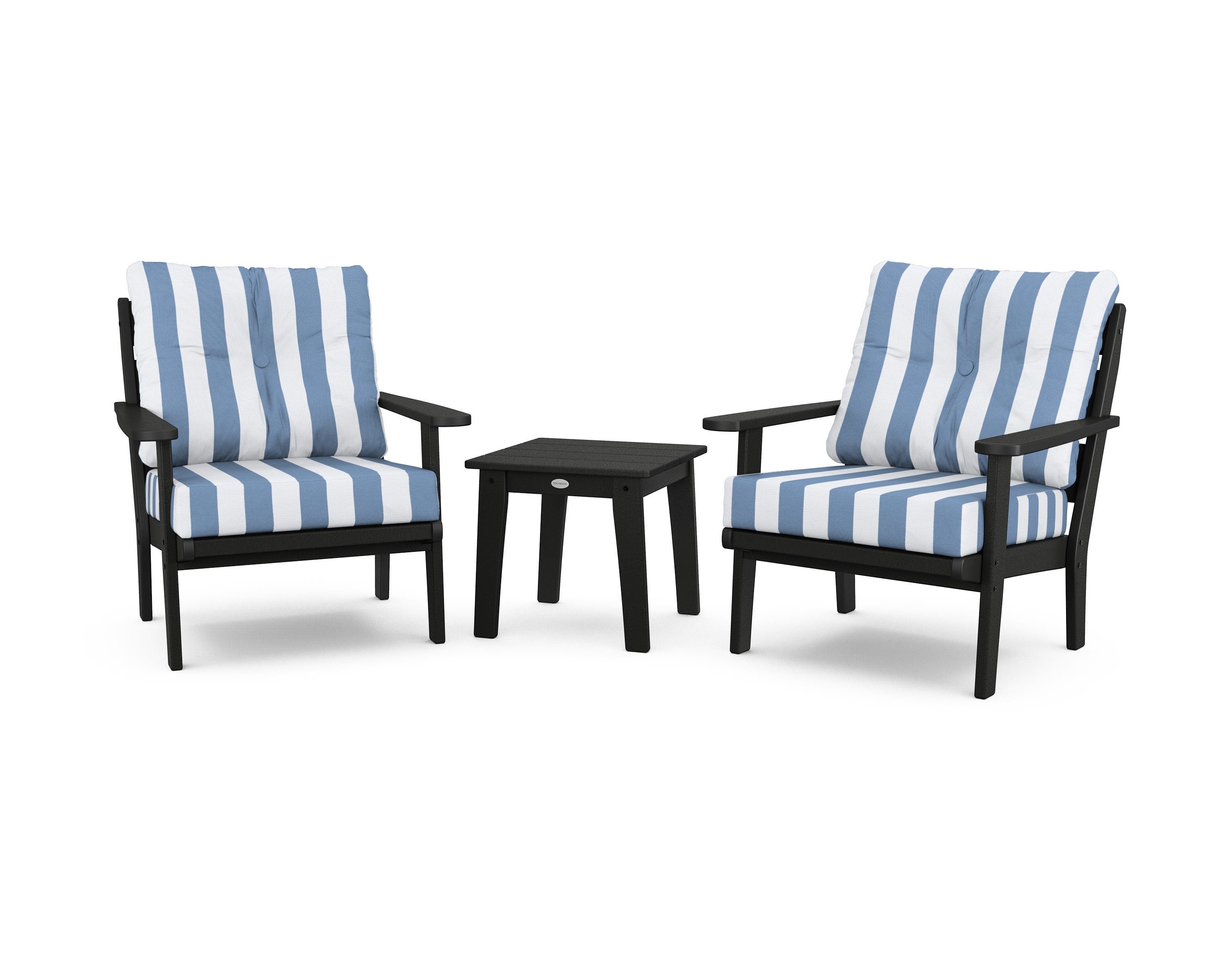 POLYWOOD® Lakeside 3-Piece Deep Seating Chair Set in Black / Cabana Stripe Sky Blue