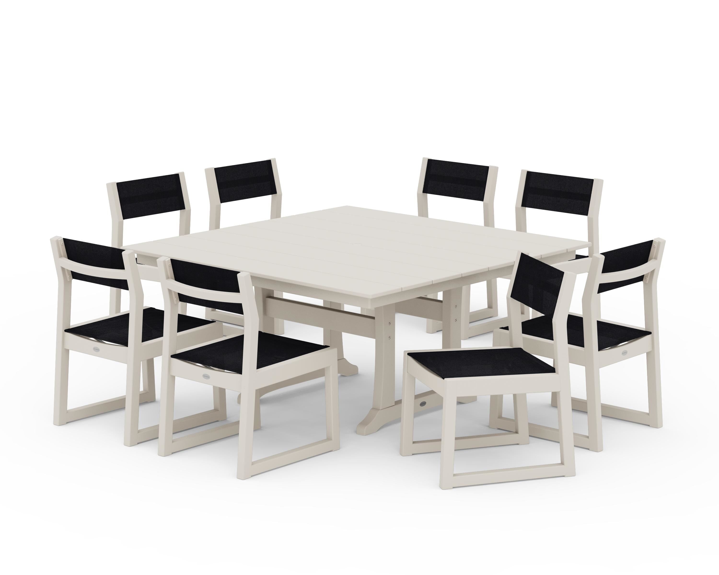 POLYWOOD® EDGE Sling Side Chair 9-Piece Farmhouse Trestle Dining Set in Sand / Black Sling