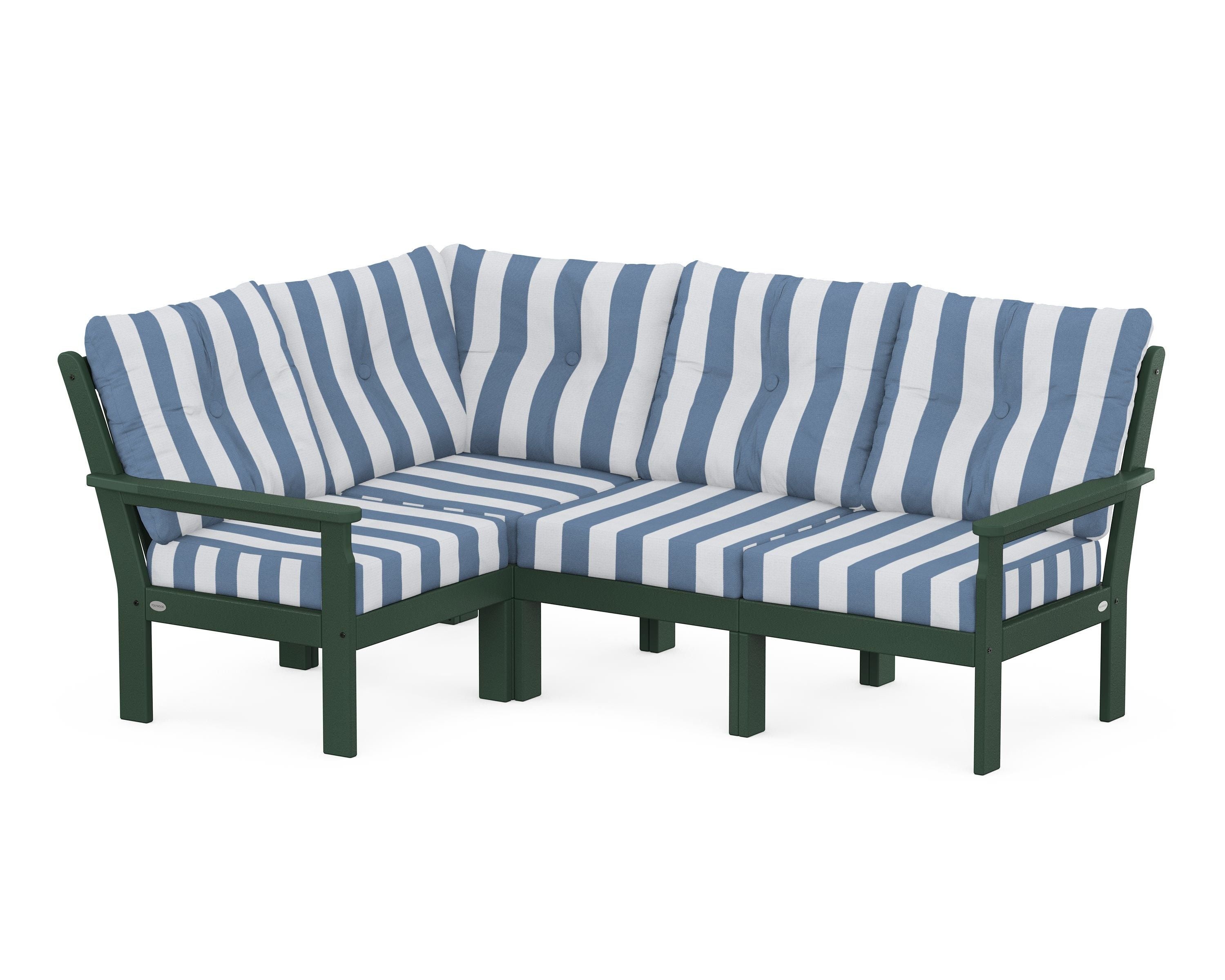 POLYWOOD® Vineyard 4-Piece Sectional in Green / Cabana Stripe Sky Blue