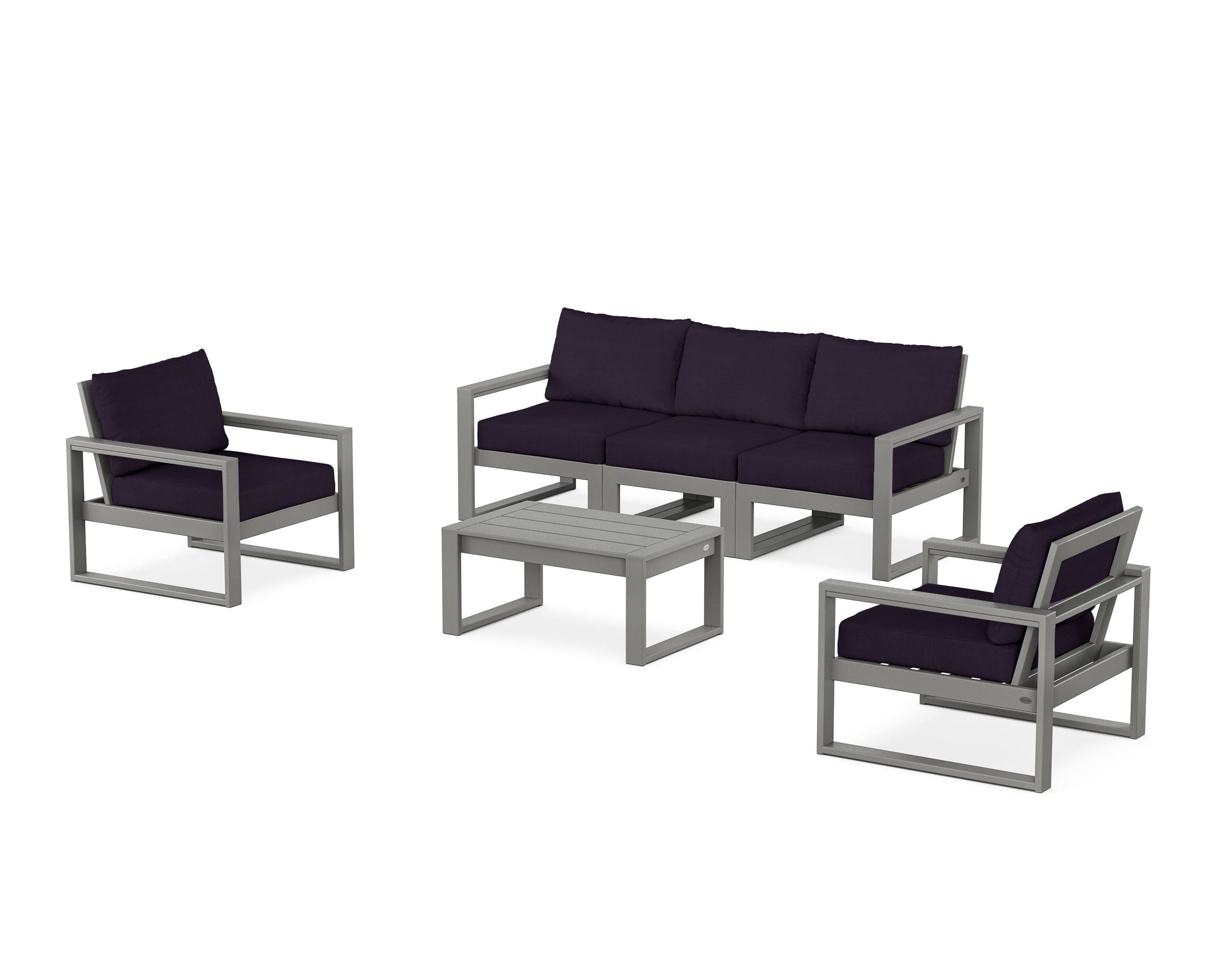 POLYWOOD® EDGE Sectional 4-Piece Deep Seating Set with Sofa in Slate Grey / Navy Linen
