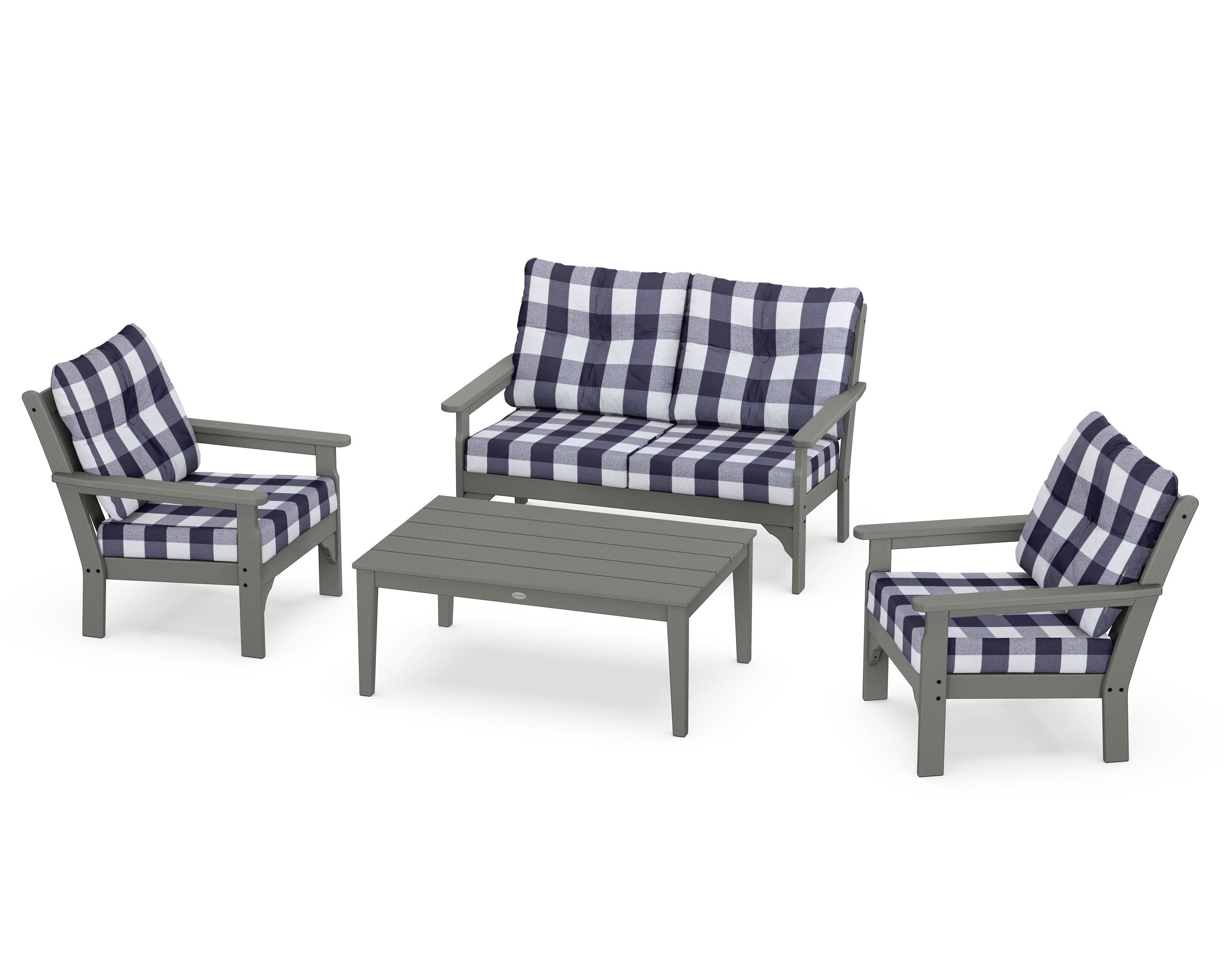 POLYWOOD® Vineyard 4-Piece Deep Seating Set in Slate Grey / Buffalo Plaid Navy