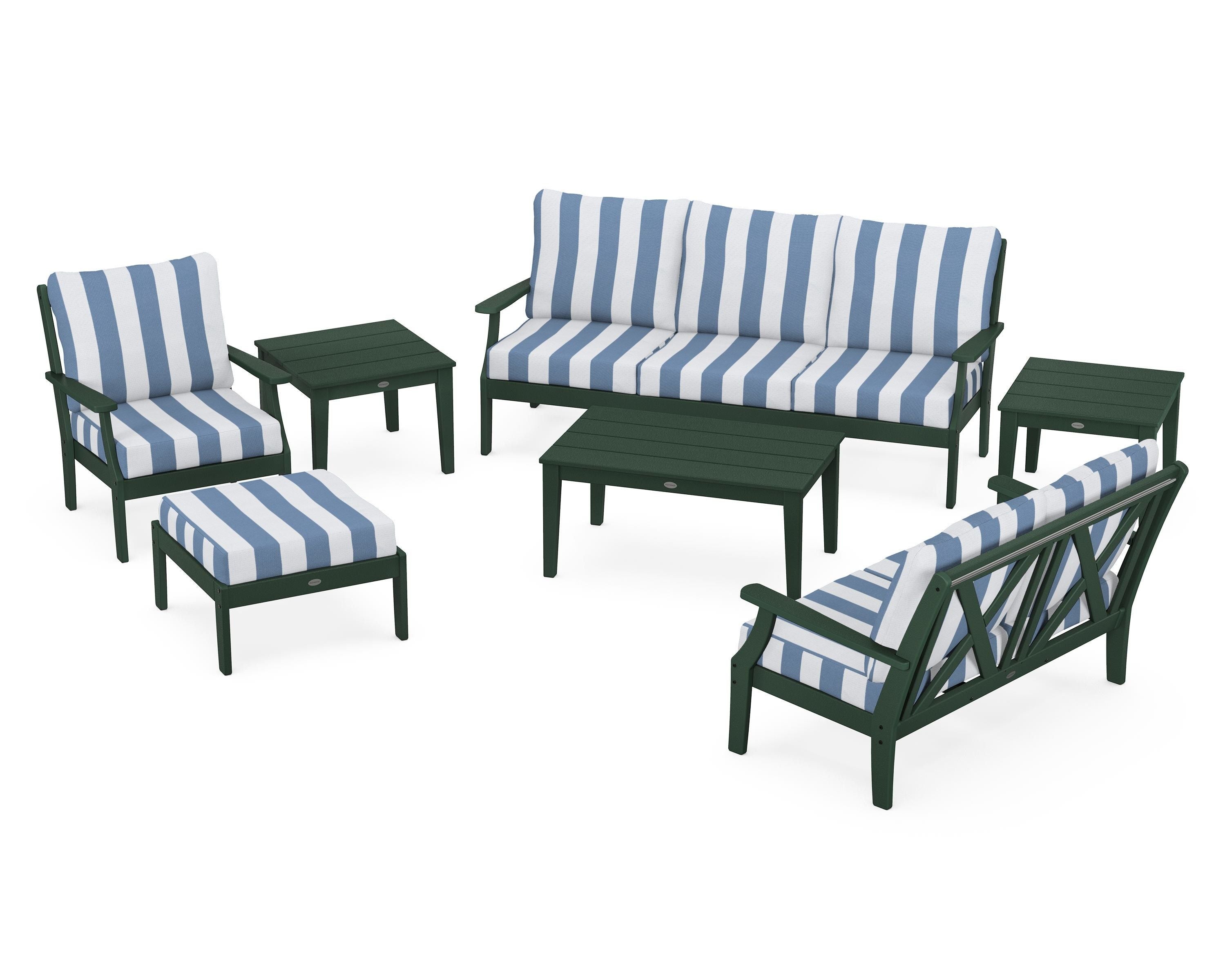 POLYWOOD® Braxton 7-Piece Deep Seating Set in Green / Cabana Stripe Sky Blue