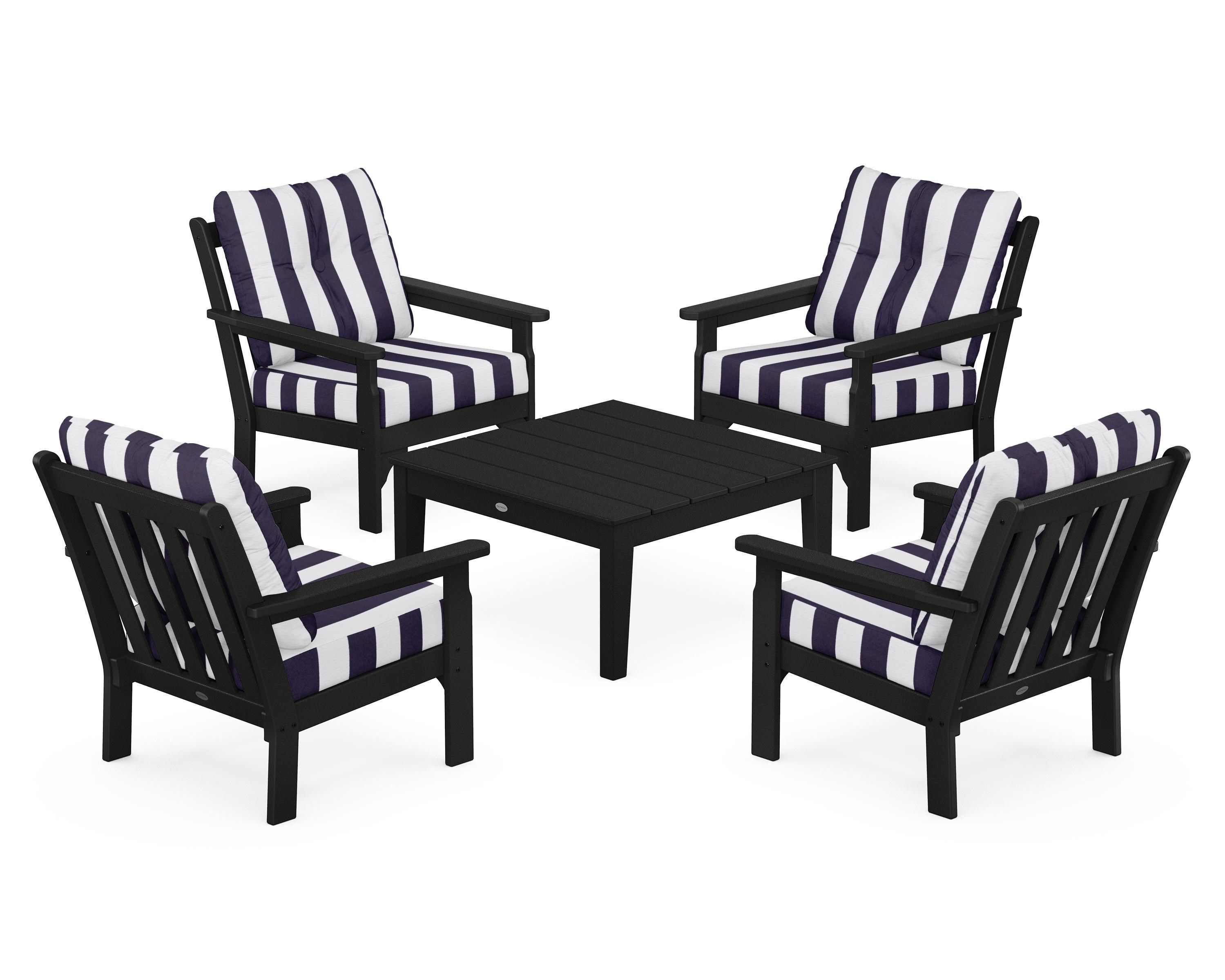 POLYWOOD® Vineyard 5-Piece Deep Seating Conversation Set in Black / Cabana Stripe Navy