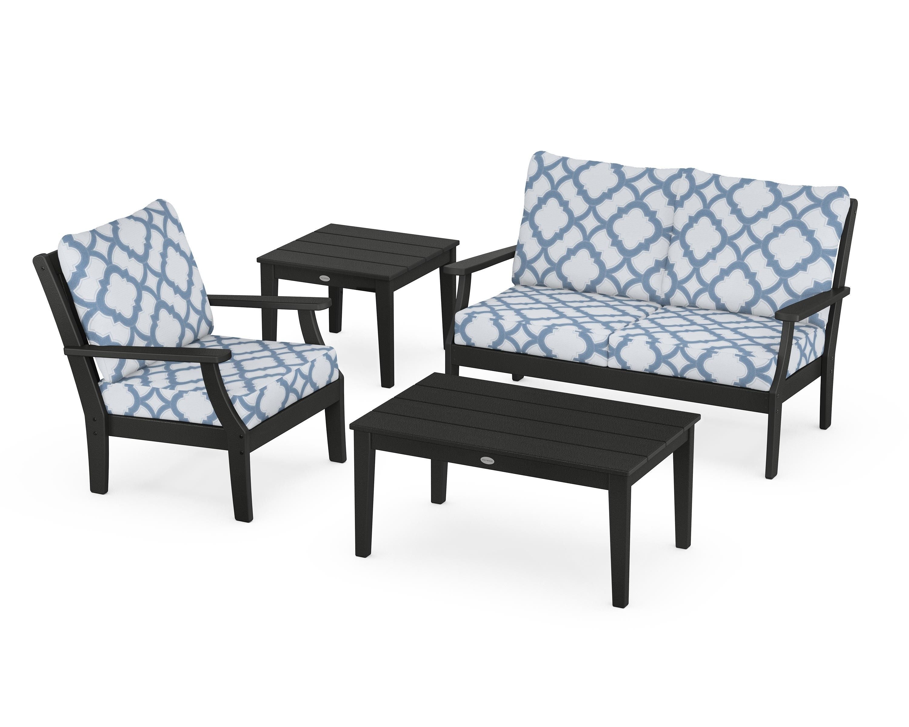 POLYWOOD® Braxton 4-Piece Deep Seating Set in Black / Trellis Sky Blue