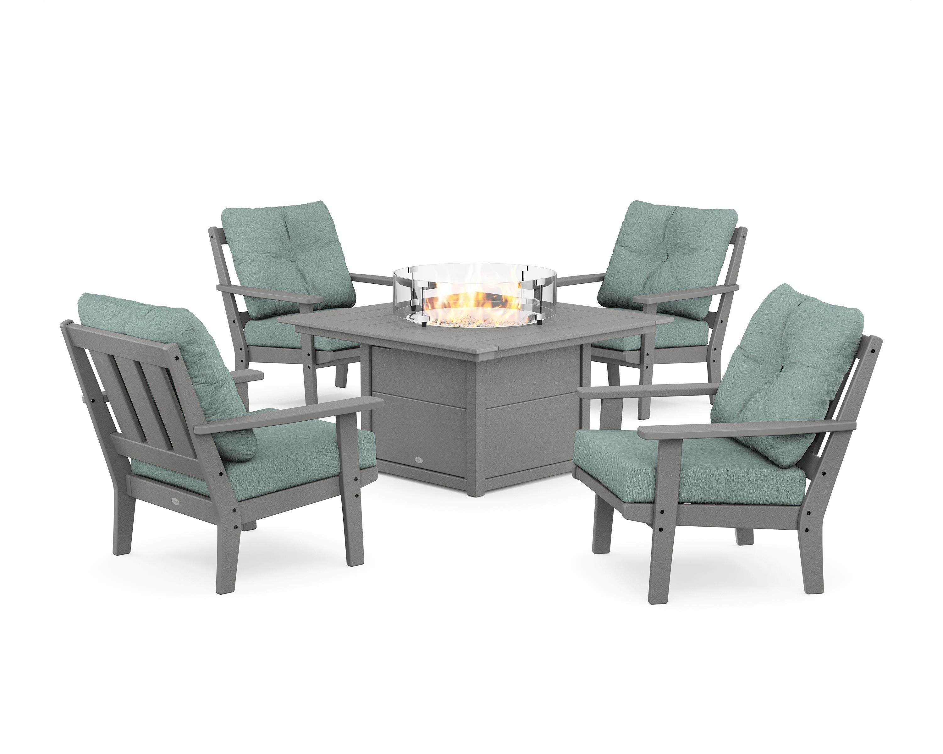POLYWOOD® Oxford 5-Piece Deep Seating Set with Fire Pit Table in Slate Grey / Glacier Spa