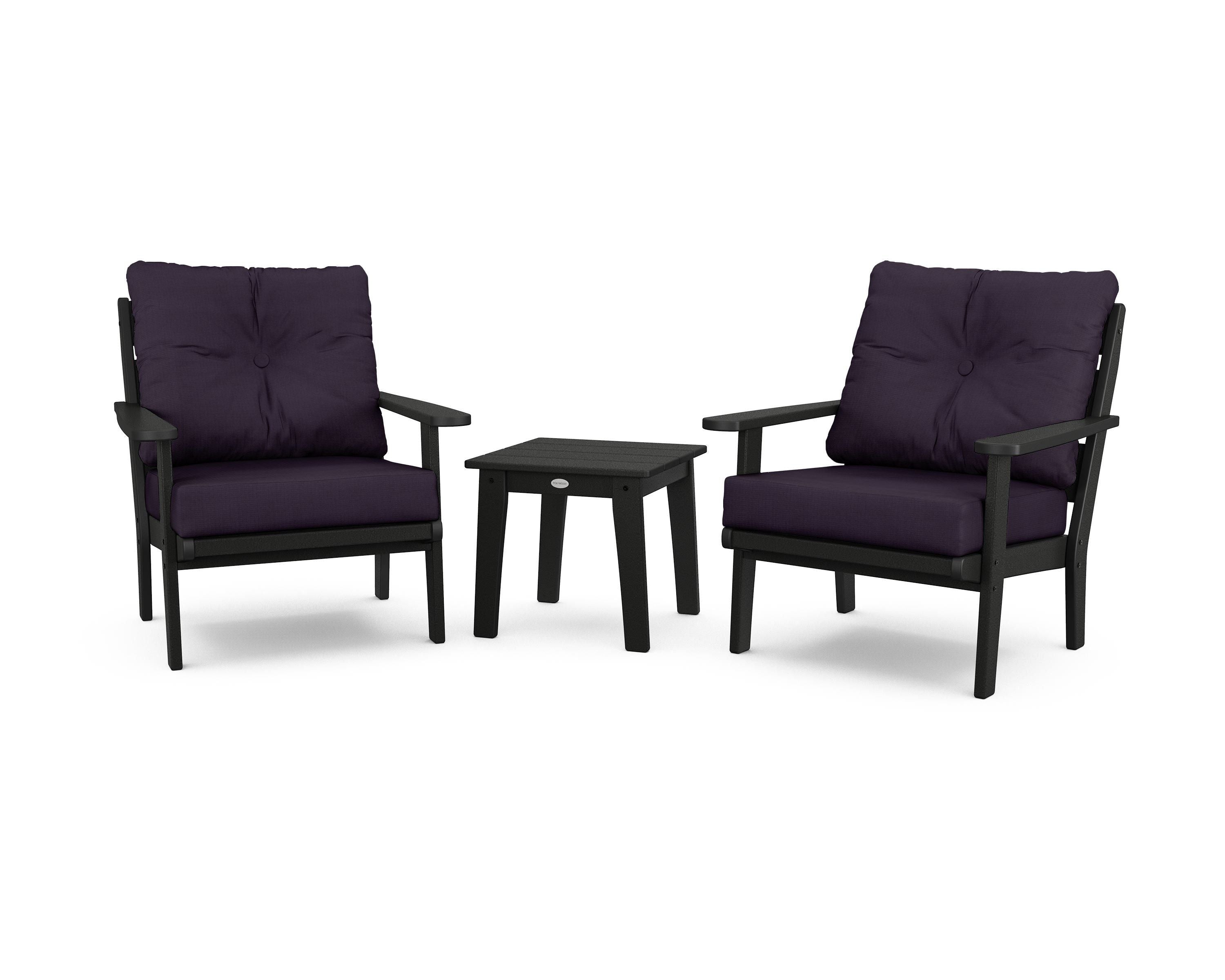 POLYWOOD® Lakeside 3-Piece Deep Seating Chair Set in Black / Navy Linen