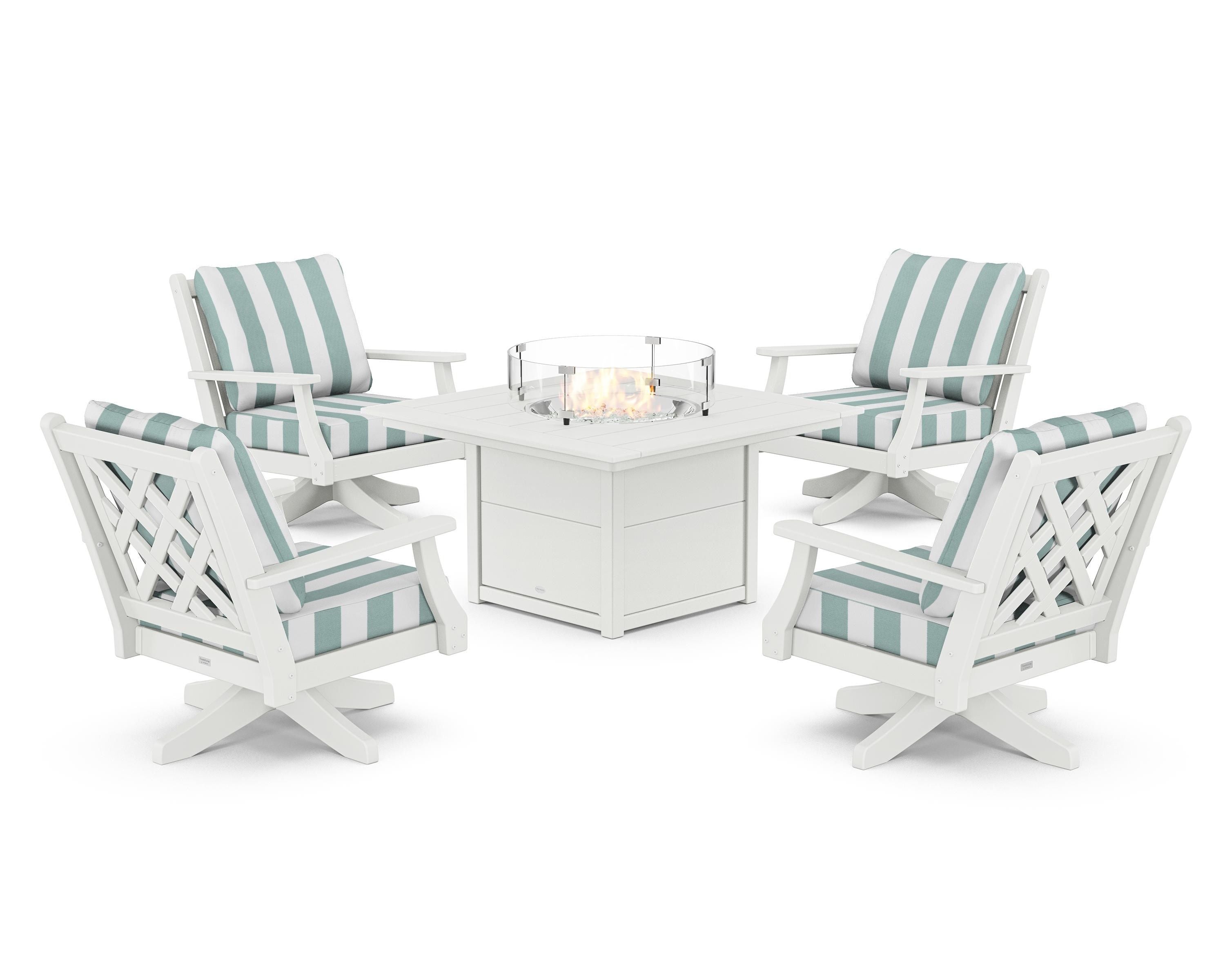 Country Living Wovendale 5-Piece Deep Seating Swivel Conversation Set with Fire Pit Table in White / Cabana Stripe Glacier Spa