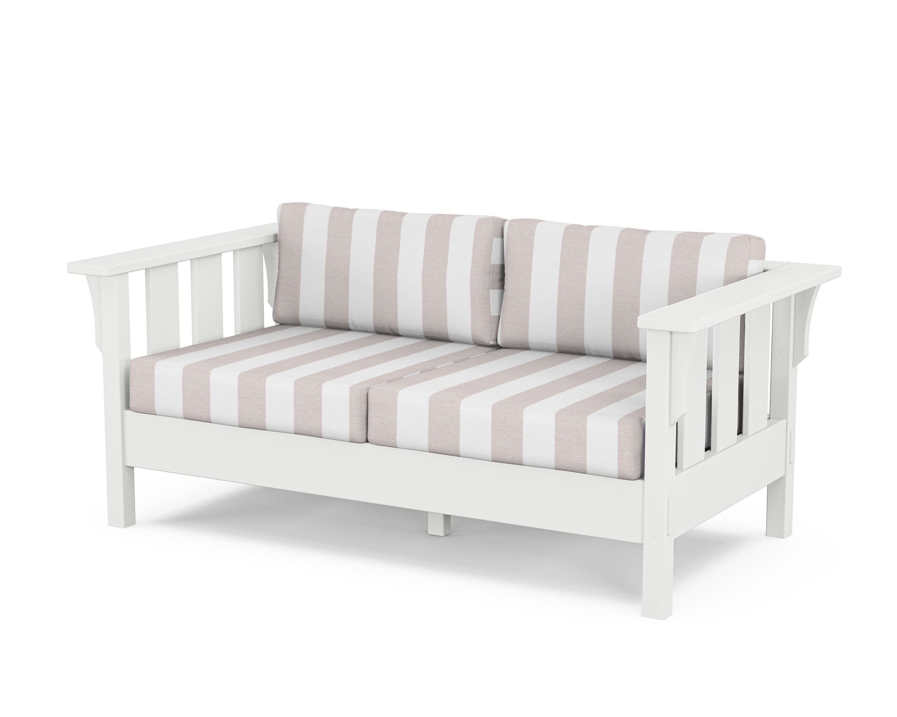 Martha Stewart by POLYWOOD® Acadia Deep Seating Loveseat in White / Cabana Stripe Dune Burlap