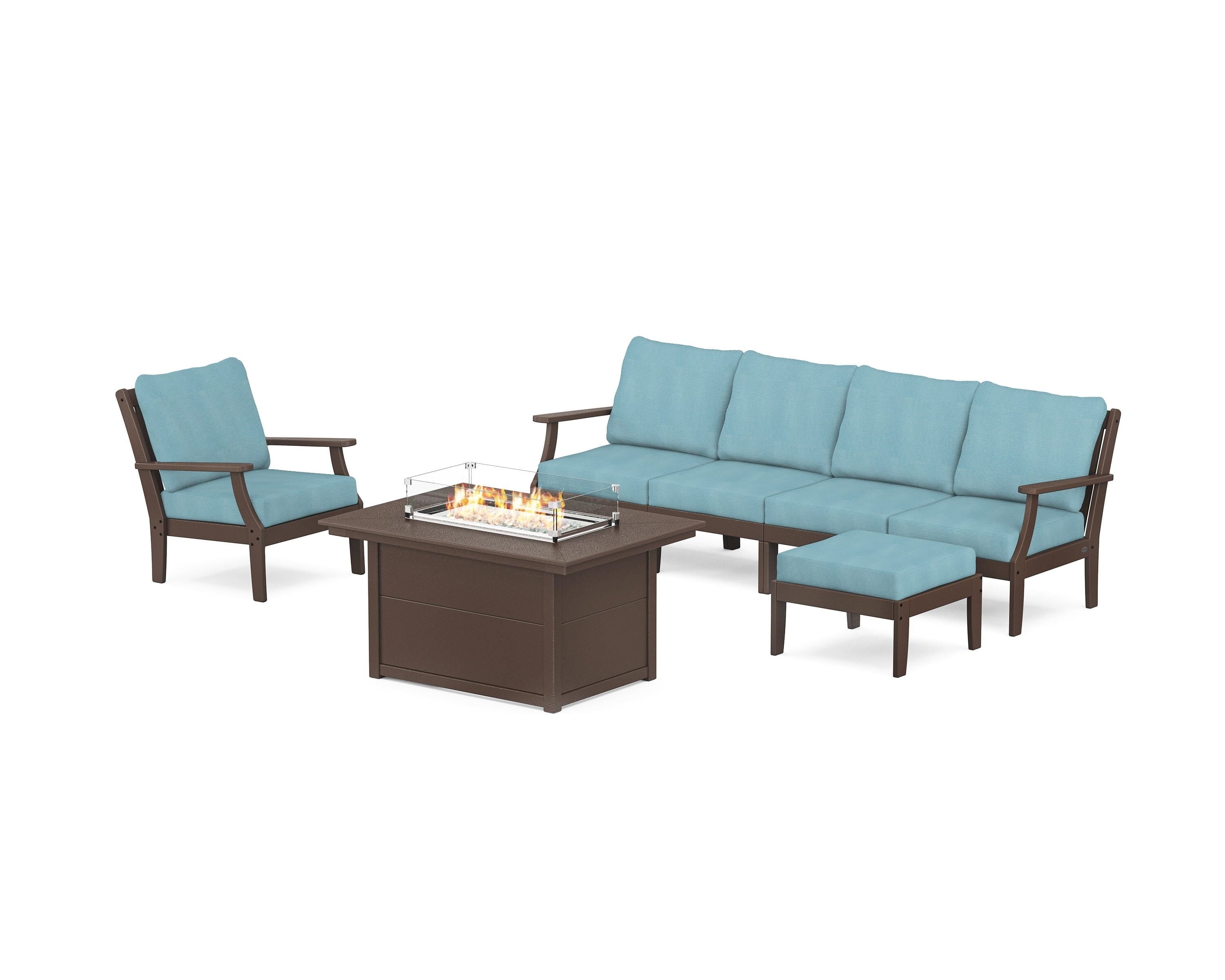 POLYWOOD® Braxton Sectional Lounge and Fire Pit Set in Mahogany / Lattice Sky Blue