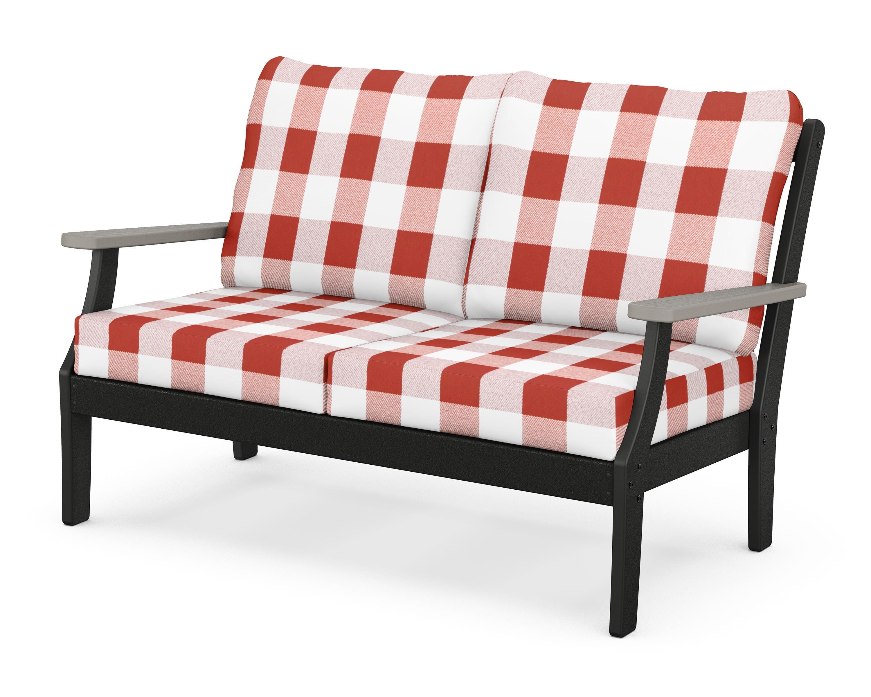 POLYWOOD® Braxton Deep Seating Loveseat in Black / Driftwood / Buffalo Plaid Crimson