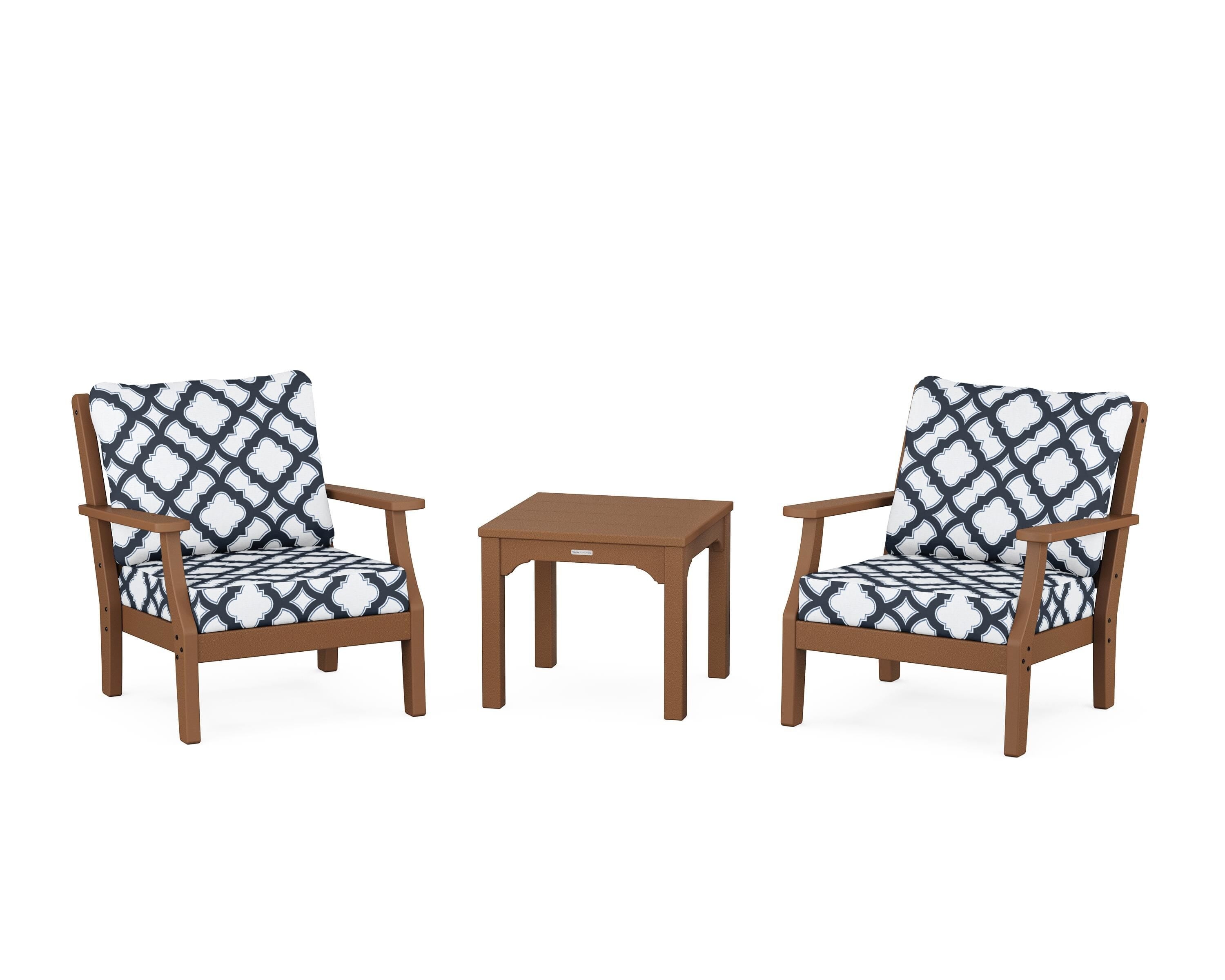 Martha Stewart by POLYWOOD® Chinoiserie 3-Piece Deep Seating Set in Teak / Trellis Marine Indigo