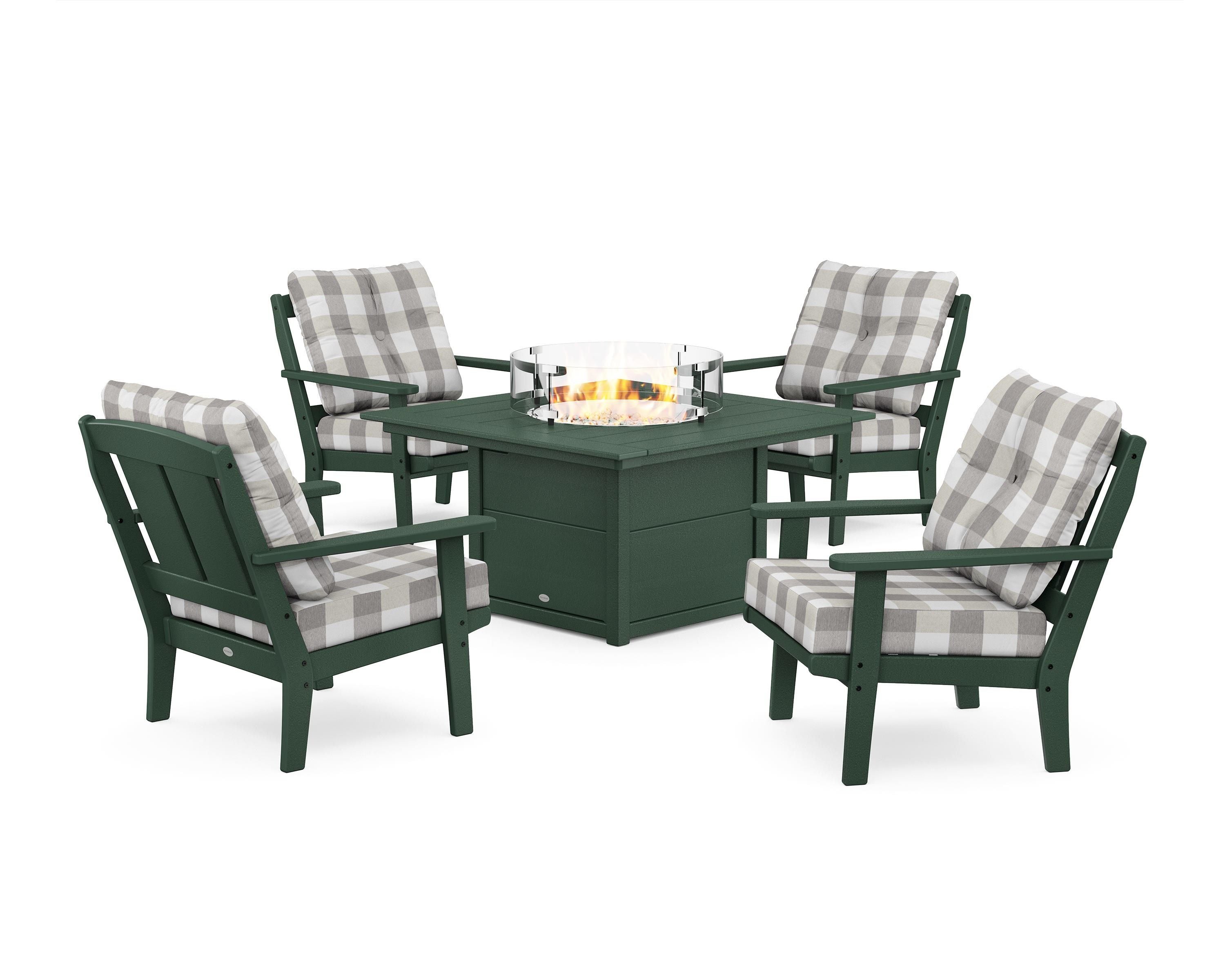POLYWOOD® Mission 5-Piece Deep Seating Set with Fire Pit Table in Green / Buffalo Plaid Grey Mist