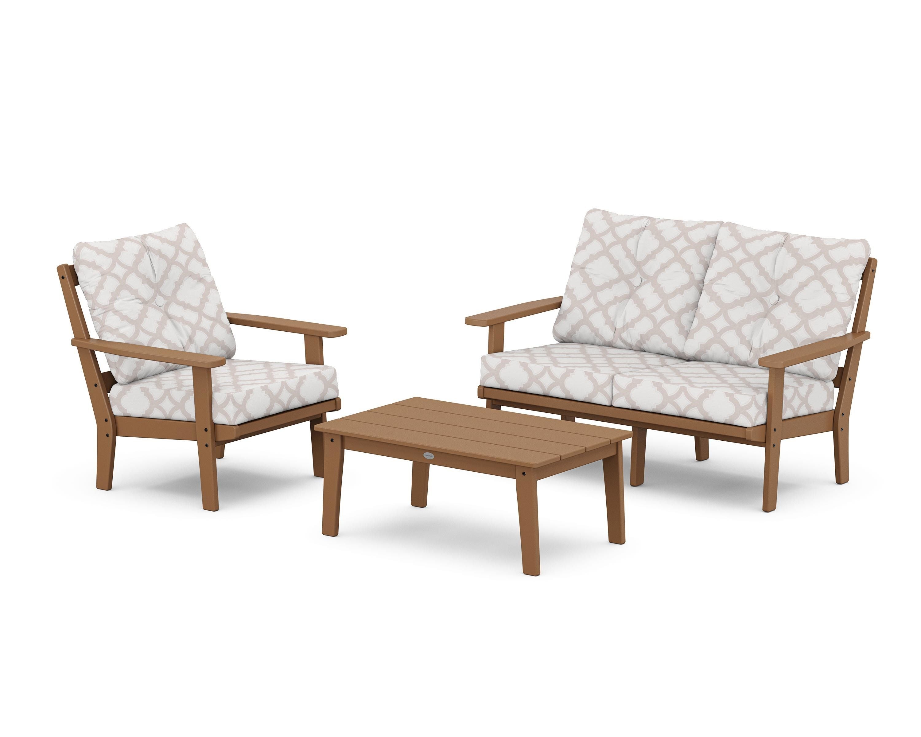 POLYWOOD® Prairie 3-Piece Deep Seating Set with Loveseat in Teak / Trellis Dune Burlap