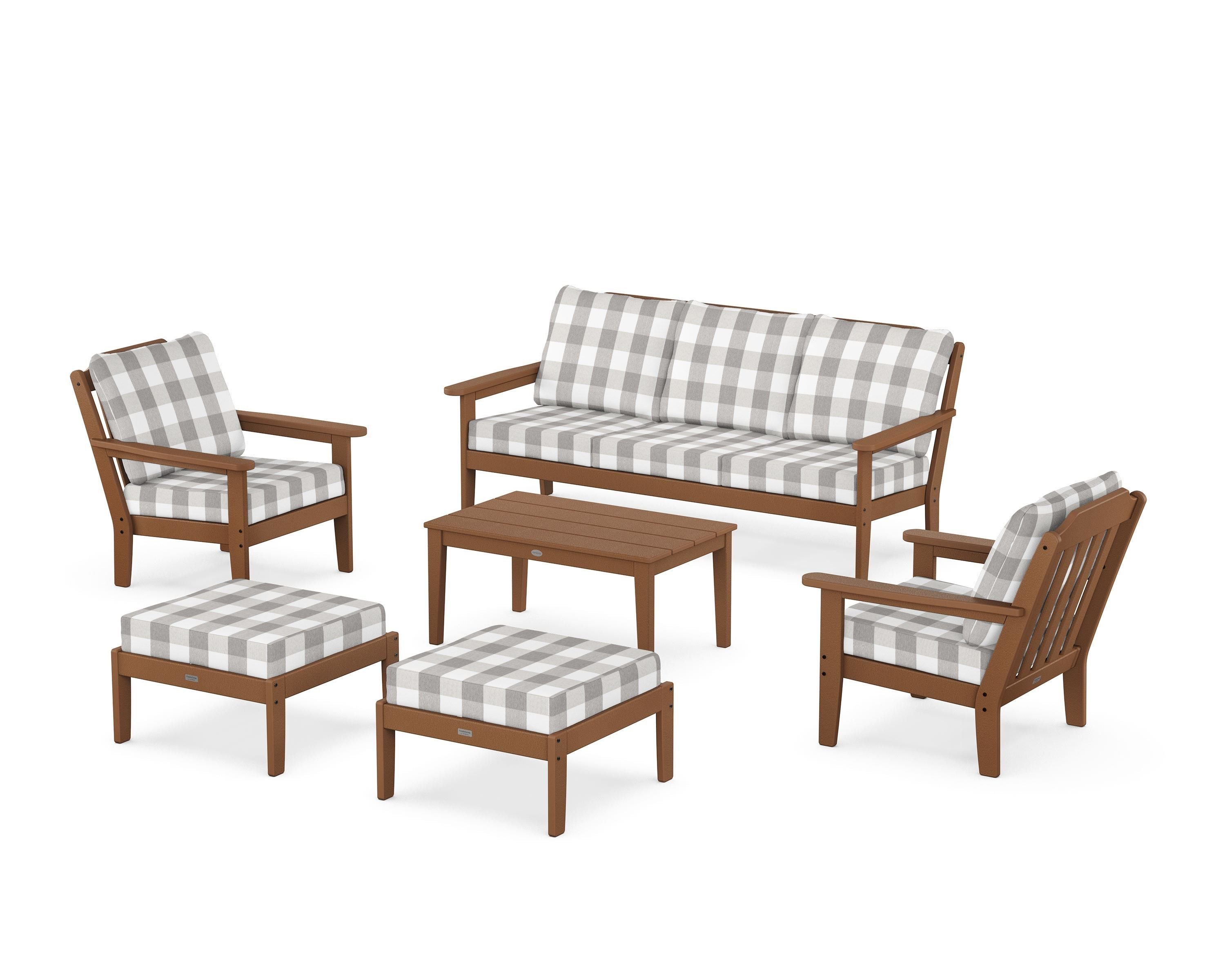 Country Living Cottage 6-Piece Lounge Sofa Set in Teak / Buffalo Plaid Grey Mist