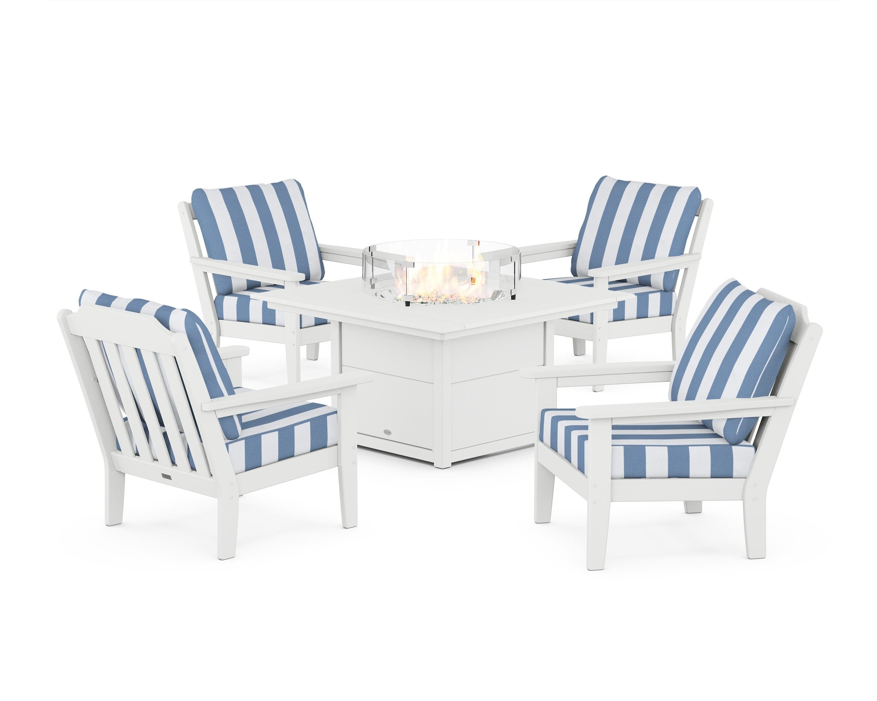 Country Living Cottage 5-Piece Deep Seating Set with Fire Pit Table in White / Cabana Stripe Sky Blue