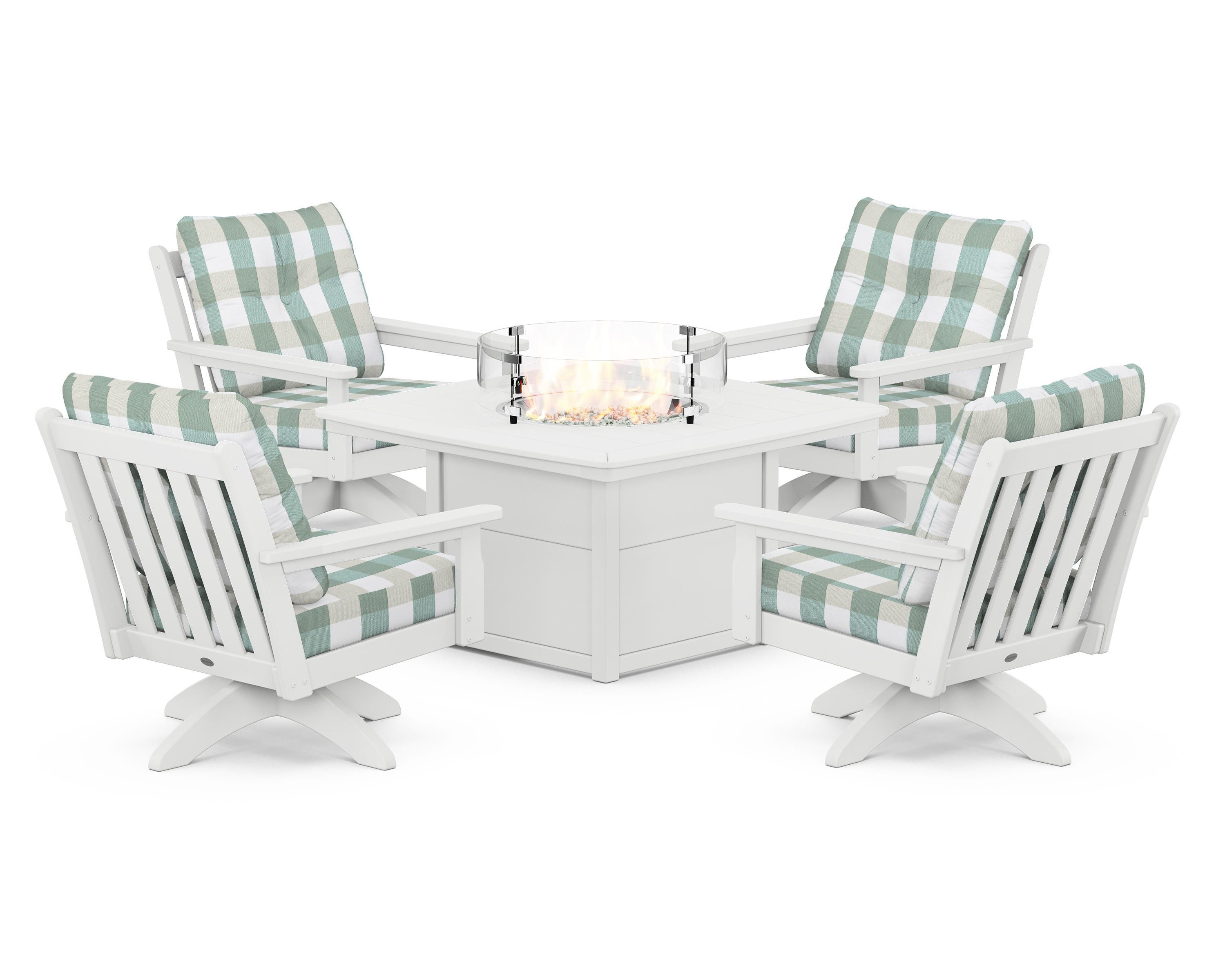 POLYWOOD® Vineyard 5-Piece Deep Seating Swivel Conversation Set with Fire Pit Table in White / Buffalo Plaid Glacier Spa